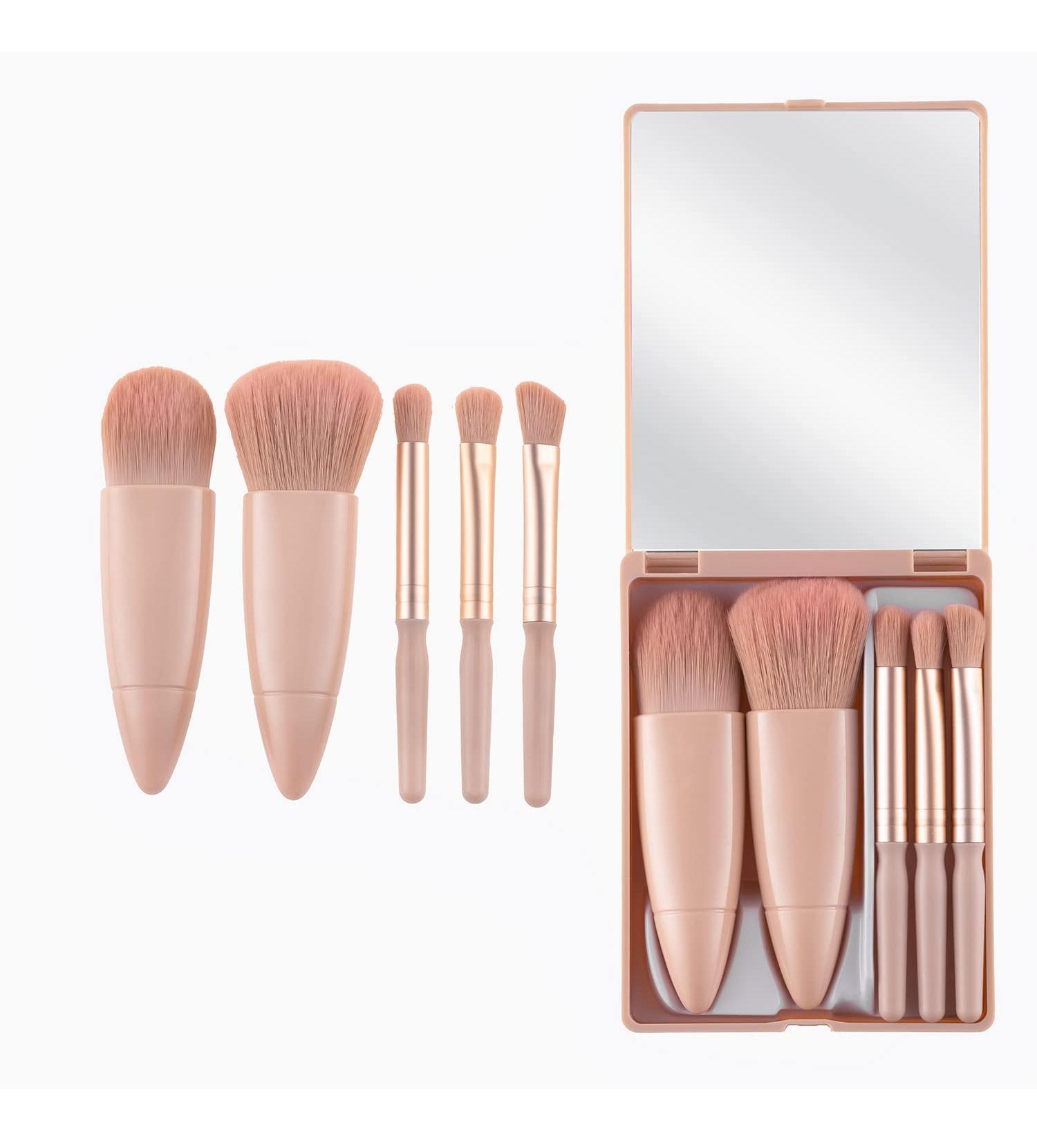 Travel Makeup Brushes Set with Mirror - 5 Piece Pink Makeup Brush Set for Foundation, Powder, Concealers, and Eye Shadows - Buy Online on GoSupps.com