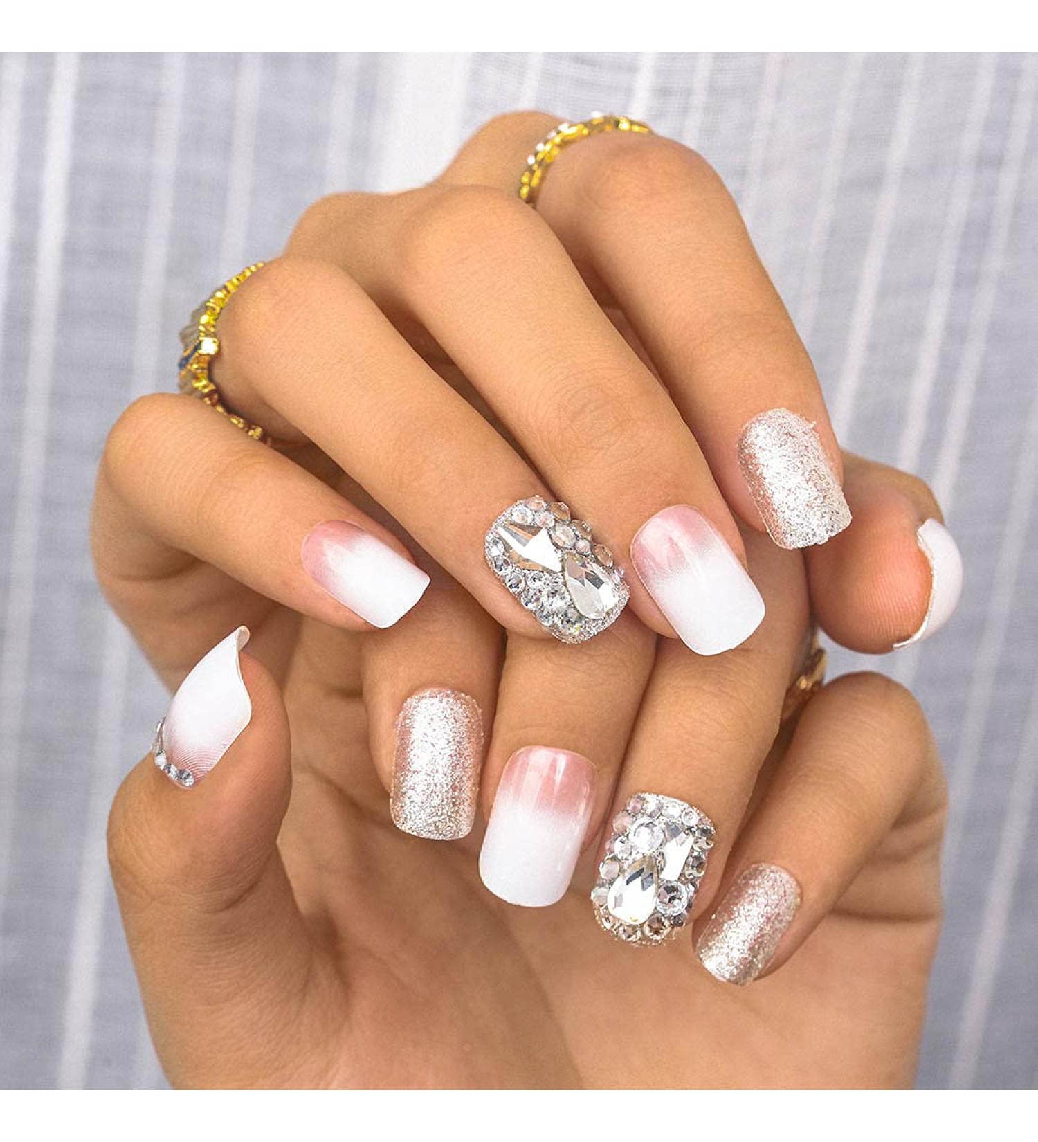 Sethexy White Glossy Squoval False Nails | 24ct Sparkle Rhinestone Acrylic Press-On Fingernails with Glue for Women & Girls - International Shipping Available - Buy Online on GoSupps.com