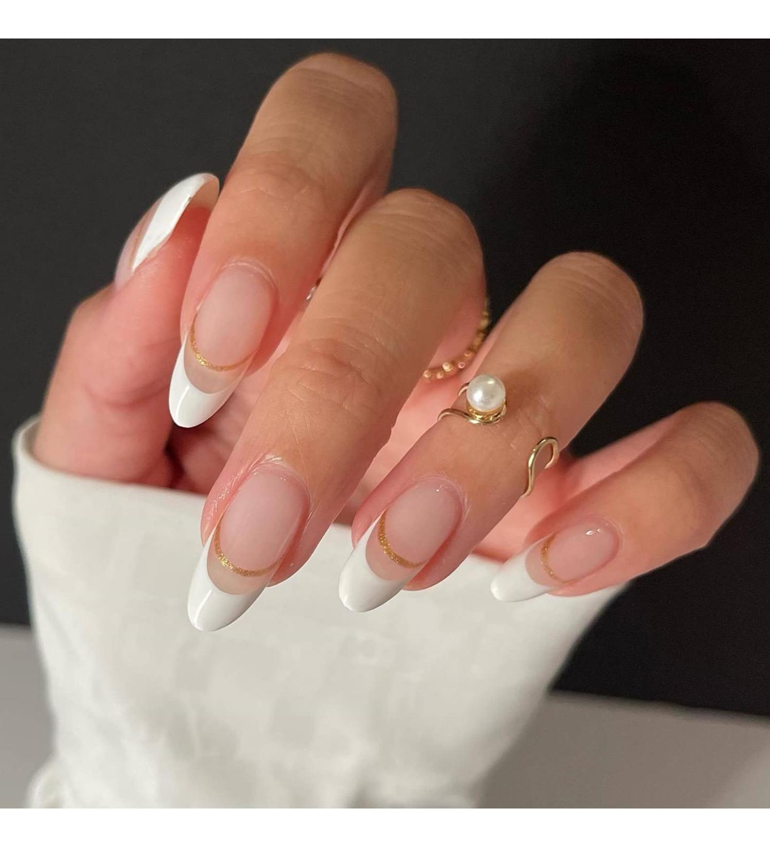 Justotry 24 Pcs Short Milky Gold Stiletto False Nails - Cute Nude French Press on Nails with Nail Glue | Almond Stick on Nails for Women Art - Buy Online on GoSupps.com