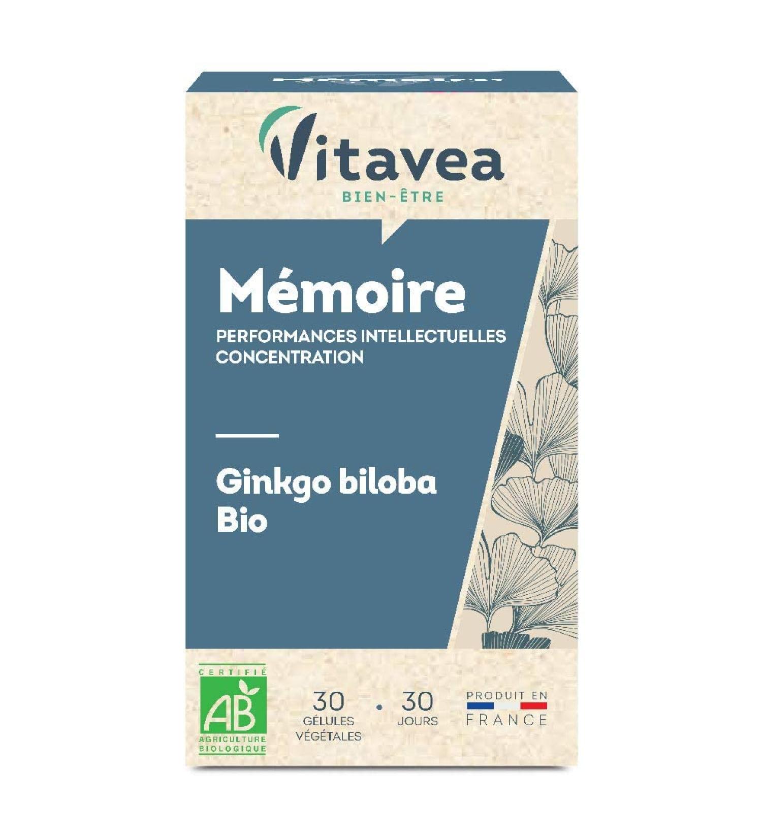 VITAVEA WELL-BEING - Ginkgo Biloba ORGANIC - Memory Food Supplement - 100% Ginkgo Biloba ORGANIC - Concentration Intellectual Performance - 30 capsules - 1 month cure - Made in France - Buy Online on GoSupps.com