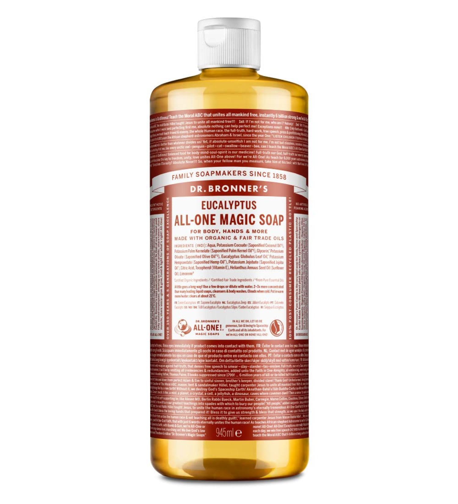 Buy Dr. Bronner's Eucalyptus Pure Castile Liquid Soap 945 ml - 72 g Pack | Natural Eco-Friendly Multi-Purpose Cleanser - Buy Online on GoSupps.com