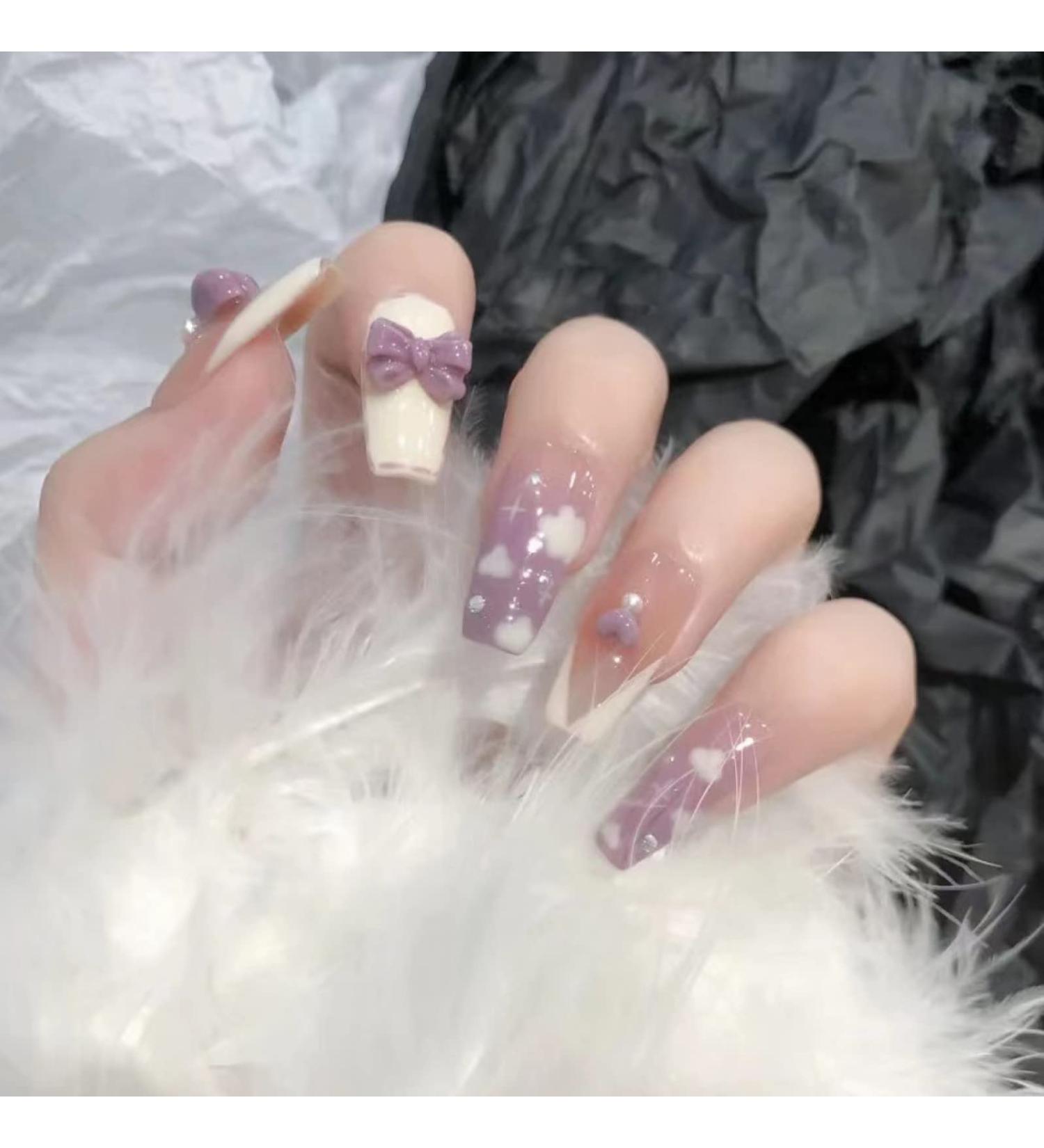 White Flame Love Heart with Diamond Shining Pearl Cute Cat False Nails Wholesale Wearable Fake Nails Set Press On Nails 24pcs LTT-22