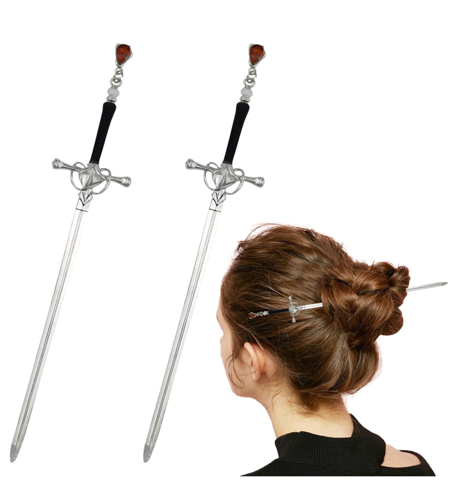 2 Pack Chinese Sword Tassel Hair Sticks for Women Buns with Hair Gems - Silver - Buy Online on GoSupps.com