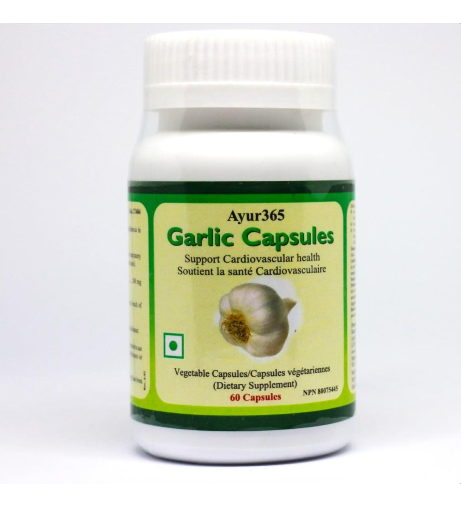 Ayur365 Garlic Veg Capsules 60ct. Supports Heart & Lowers Lipid levels & For Respiratory Health - Buy Online on GoSupps.com