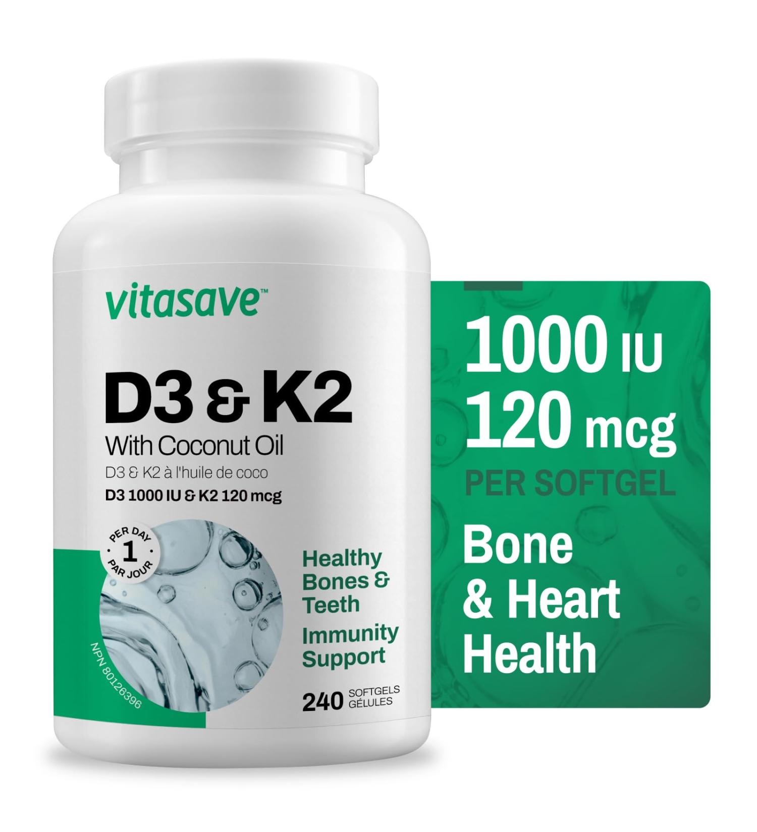 Vitasave Vitamin D3 & K2 Softgels - High Potency 1000 IU D3 & 120 mcg K2 (240 Softgels) 240 count (Pack of 1) - Buy Online on GoSupps.com