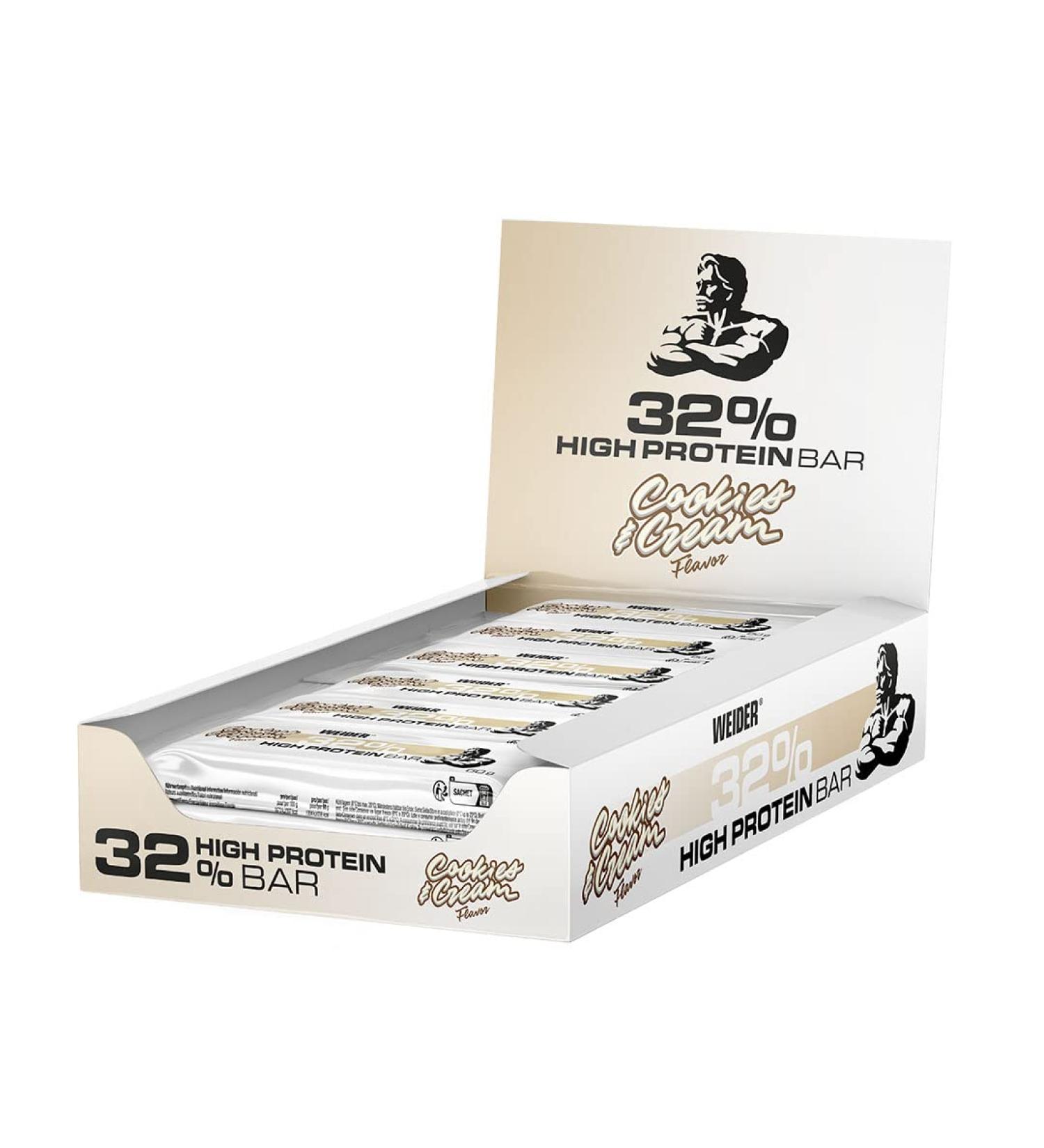 Weider 32% Protein Bar - Delicious Cookies & Cream Energy Snack | High Protein Muscle Building | 12 x 60g - Buy Online on GoSupps.com