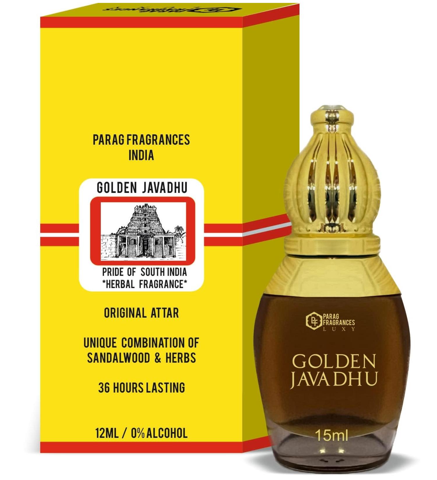 Parag.fragrances Golden Javadhu 15Ml (Herbal Fragrance) Pride Of South India/Long Lasting Natural & Alcohol Free Attar Liquid For Men/Unique & Ideal Combination Of Sandalwood & Herbs