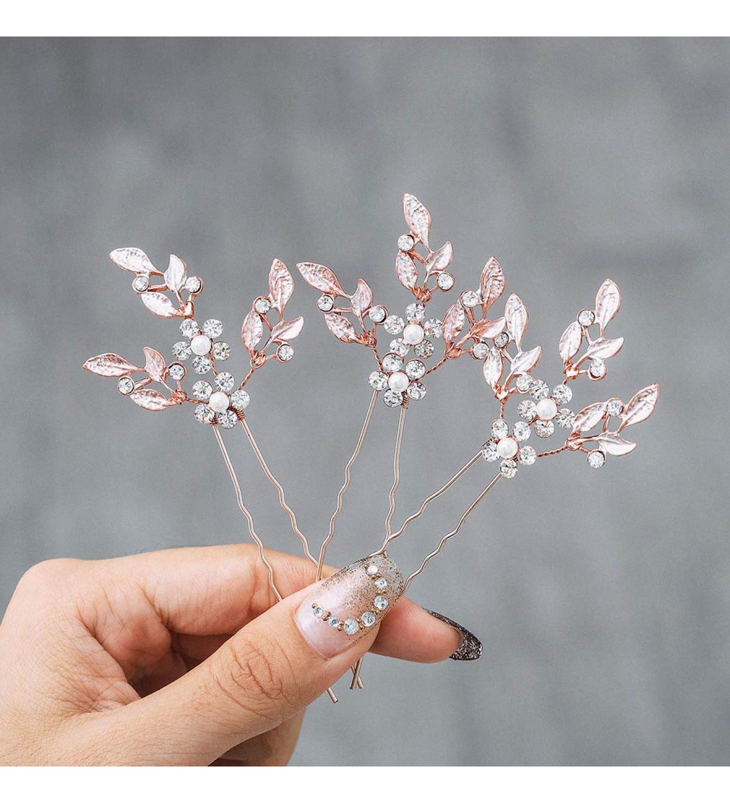 Crystal Leaf Bride Wedding Hair Pins - Pearl Hair Accessories for Women and Girls (Pack of 3) - Rose Gold - Buy Online on GoSupps.com