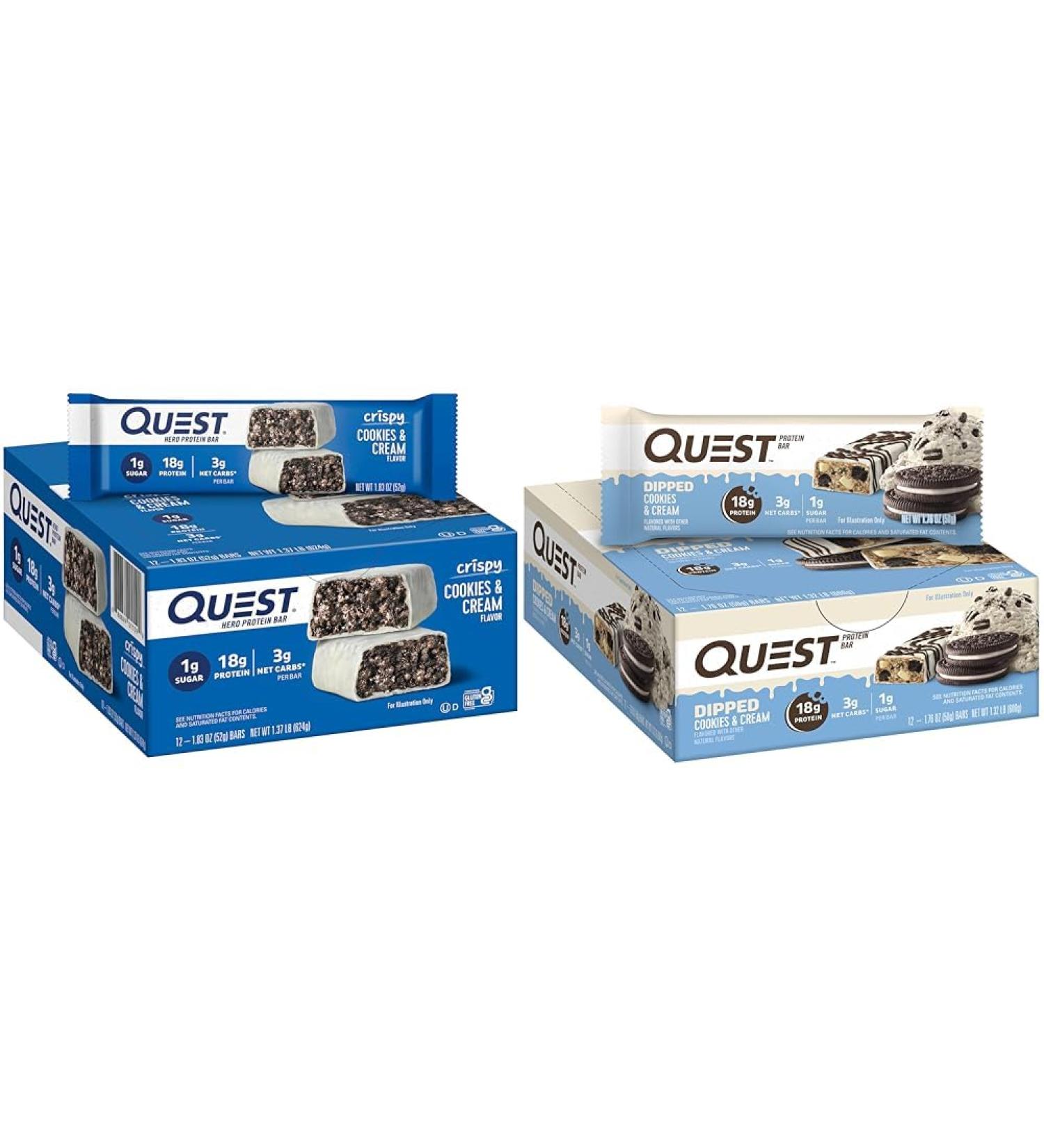 Quest Nutrition Crispy Cookies & Cream Hero Protein Bar 18g Protein 1g Sugar 3g Net Carb & Dipped Chocolate Cookies & Cream Protein Bars High Protein Low Carb Gluten Free - Buy Online on GoSupps.com
