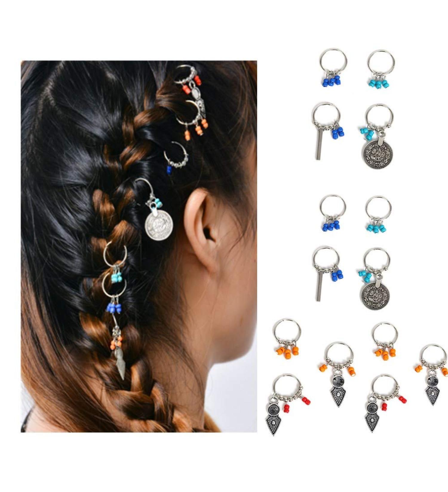 14 Pieces Colorful Hair Rings - Shiny Silver Braid Accessories with Coin Pearl Pendants | Fashion Hair Jewelry for Women & Girls - Buy Online on GoSupps.com