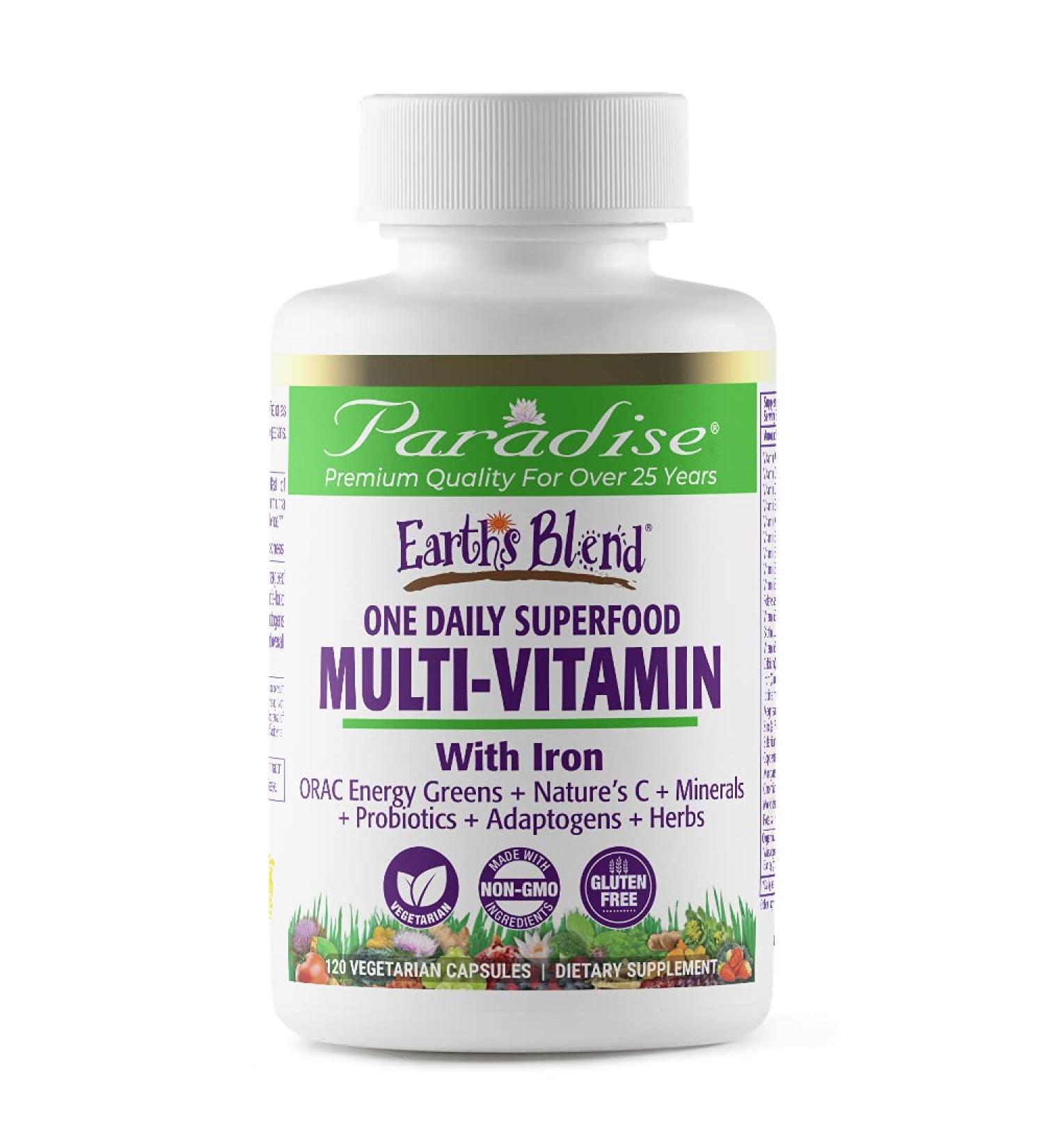 Paradise Herbs Earthâ€™s Blend Superfood Multi-Vitamin with Iron - 120 Veggie Capsules - Buy Online on GoSupps.com
