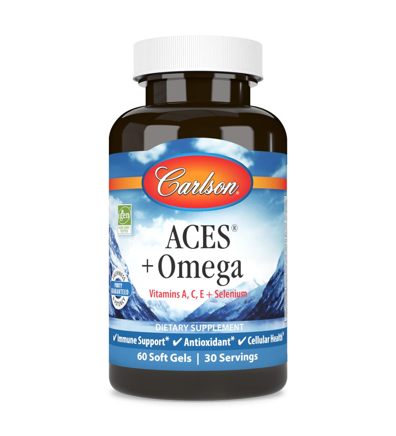 Carlson - ACES + Omega Vitamins A C E & Selenium + Omega-3s EPA and DHA Health Support 60 Softgels 60 Count (Pack of 1) - Buy Online on GoSupps.com