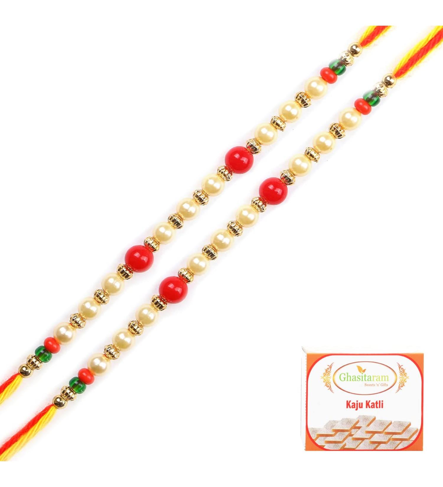Ghasitaram Gifts Rakhi for Brother Rakhis Online -Set of 2-6047 Pearl Rakhi for My Brother with 200 GMS of Kaju katli Set of 2 Rakhis with 200 gms of Kaju katli - Buy Online on GoSupps.com