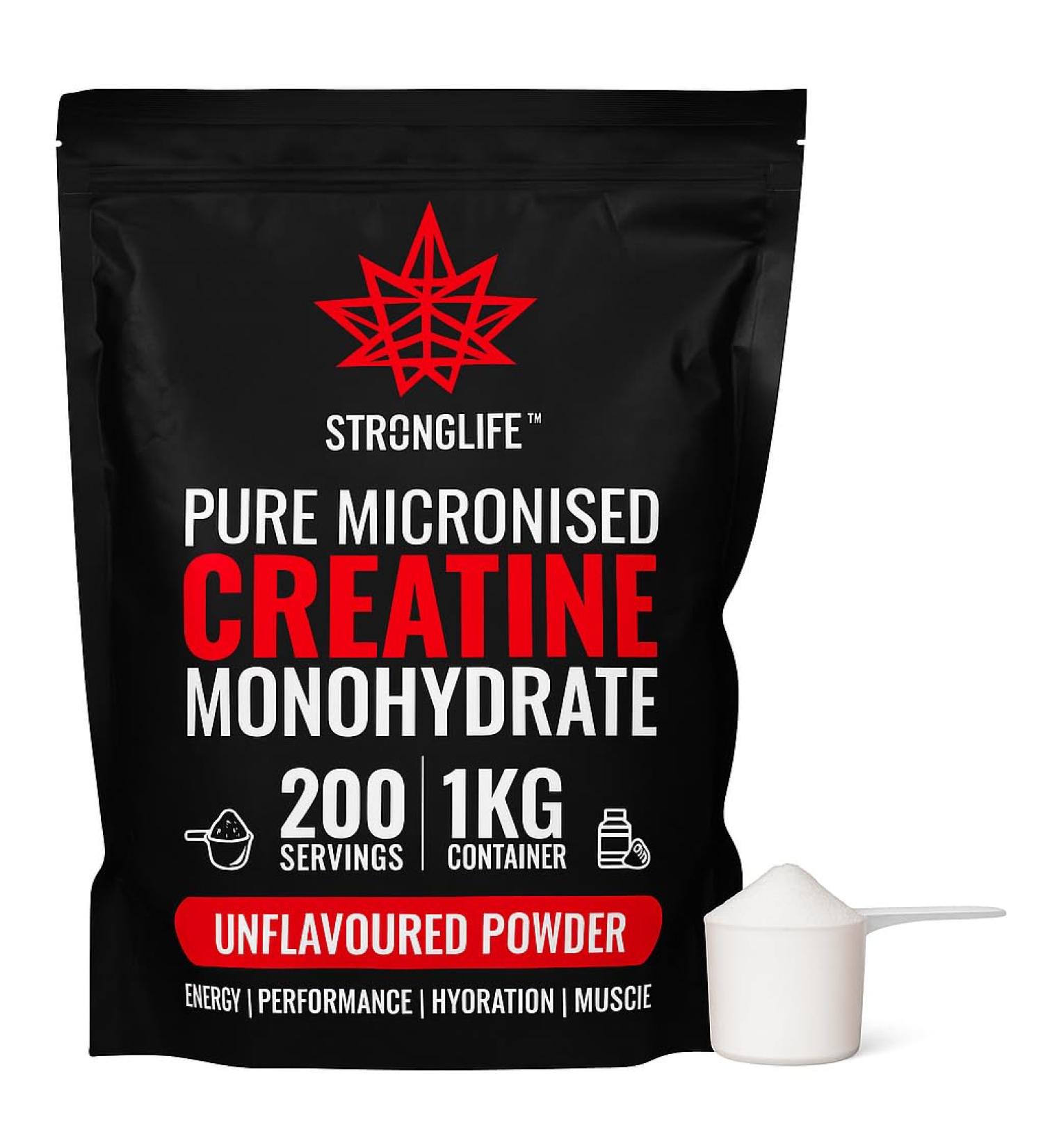 Creatine Monohydrate Powder from Stronglife 1000 grams 1 kg 200 servings at 5 grams micronized pure 200 mesh unflavored Improves muscle performance power and recovery 1000 grams 1 kg 1000 Grams 1kg - Buy Online on GoSupps.com