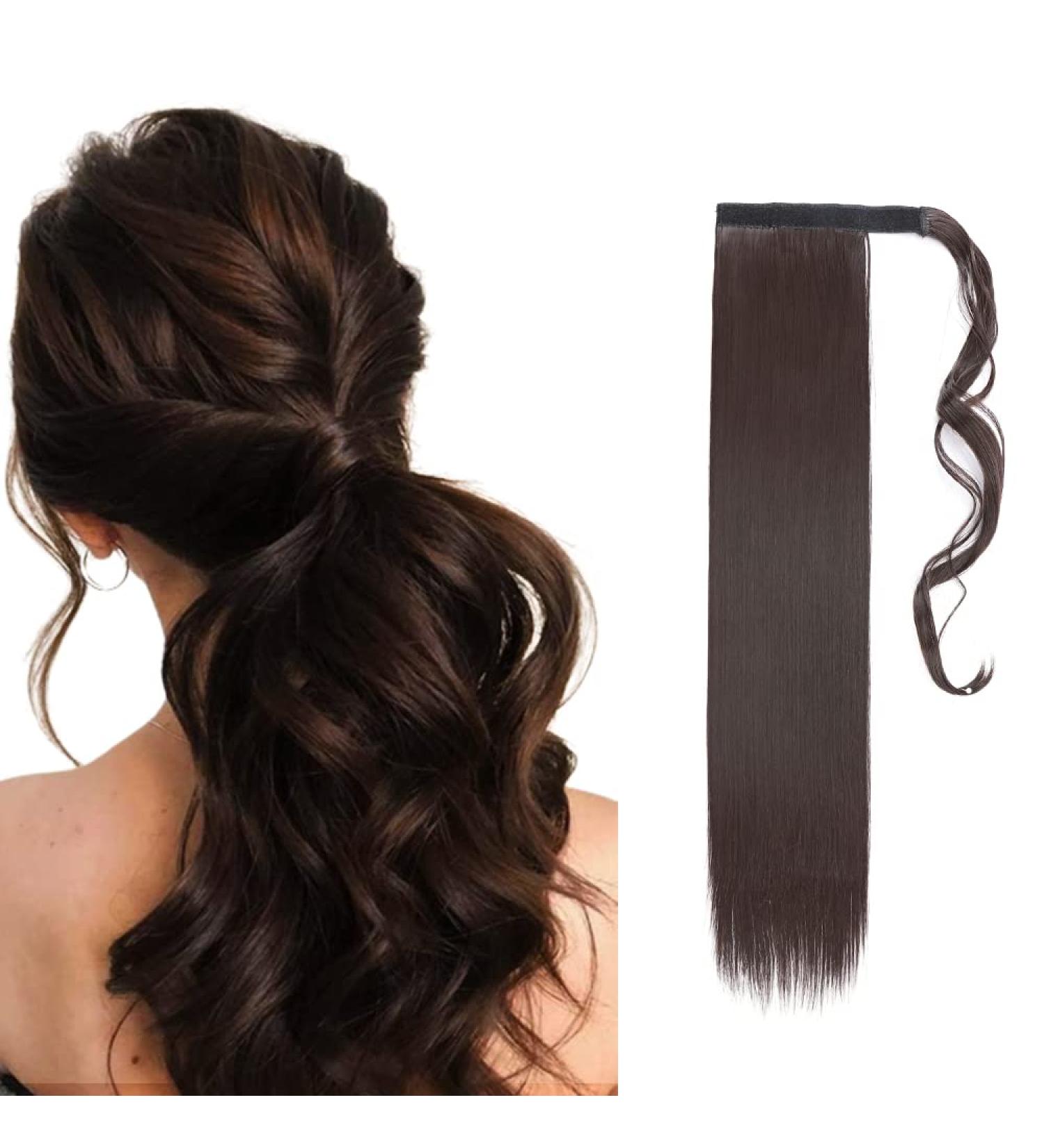 23" Long Straight Wrap Around Ponytail Clip in Hair Extensions One Piece Hairpiece Magic Tape in Pony Tail Extension for Women Dark Brown - Buy Online on GoSupps.com