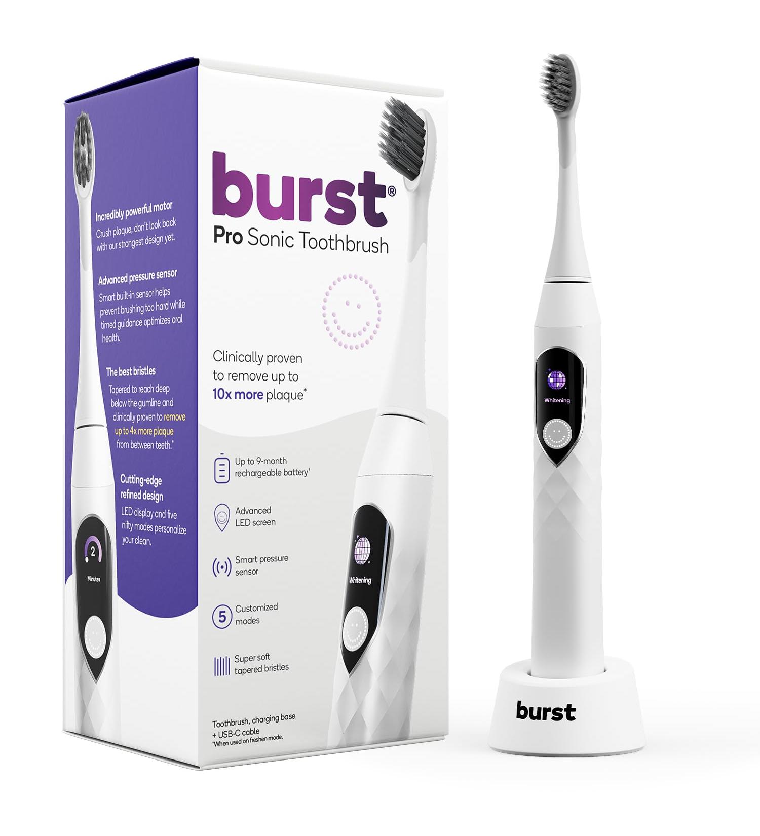 Burst Pro Sonic Toothbrush for Adults | Advanced Electric Toothbrush with Soft Bristles 33 000 Vibrations & Long Battery Life - White - Buy Online on GoSupps.com