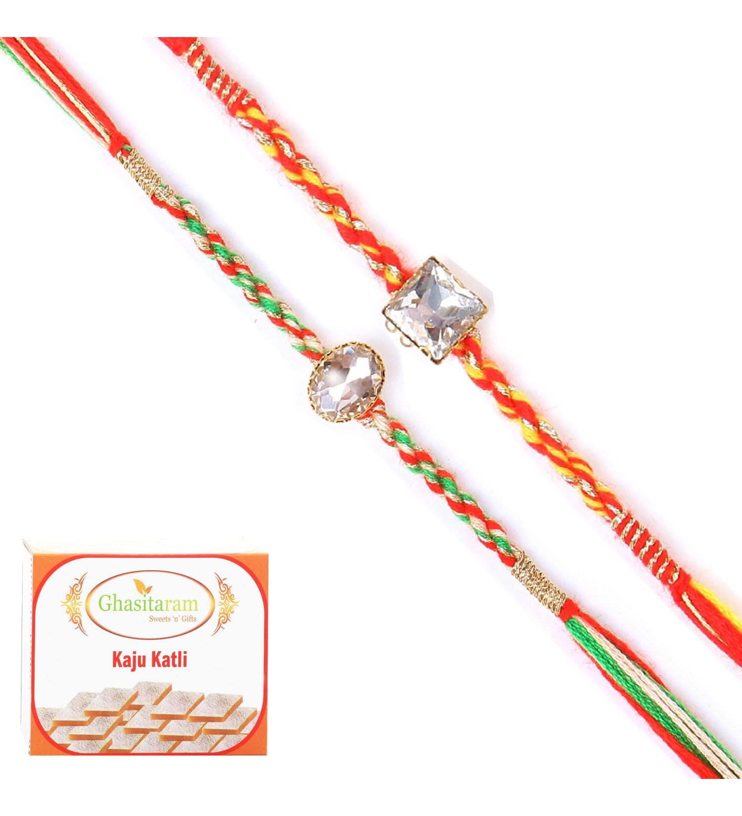 Ghasitaram Gifts Rakhi for Brother Rakhis Online - Set of 2 6300 6371 Fancy Rakhis with 200 GMS of Kaju katli - Buy Online on GoSupps.com