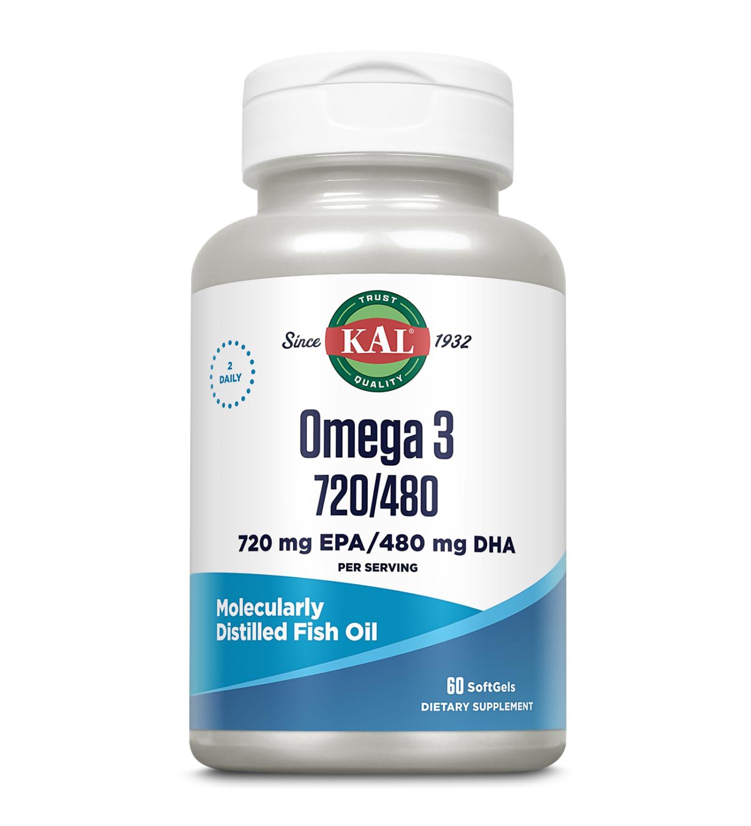 KAL Omega 3 Fish Oil 2 400 mg - 720/480 EPA DHA Supplements - Eye Brain and Joint Support Supplement - Molecularly Distilled and Lab Verified - 60-Day Guarantee - 30 Servings 60 Softgels - Buy Online on GoSupps.com