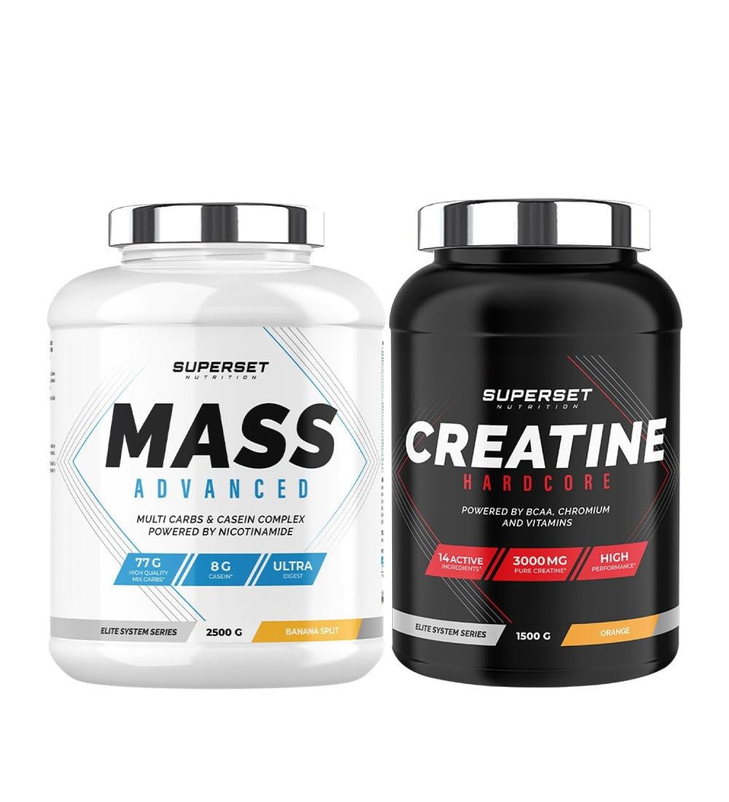Superset Nutrition | Advanced Mass Gain Program - Mass Advanced 2.5kg Banana Split - Creatine Hardcore 1.5kg Orange | Gain muscle mass and volume in just 4 weeks - Buy Online on GoSupps.com