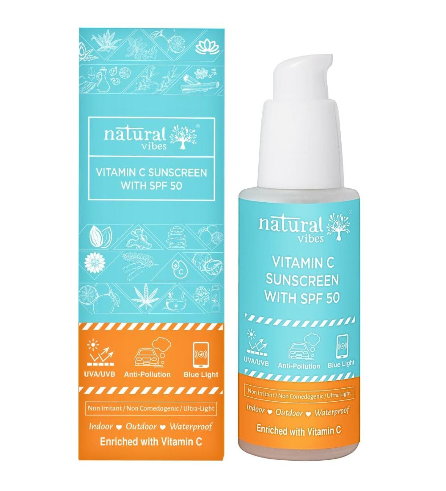 Natural Vibes Vitamin C Sunscreen SPF 50 - UVA/UVB rays Blue Light & Pollution Protection 50 ml - Buy Online on GoSupps.com