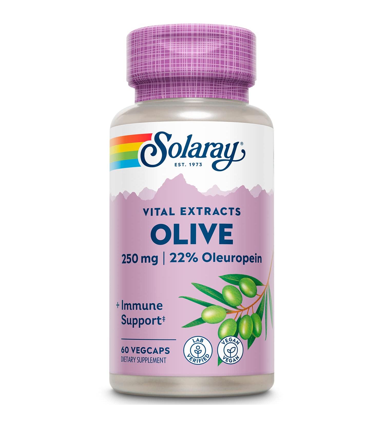 SOLARAY Olive 250mg - Olive Leaf Extract Capsules with 22% Oleuropein Plus Lemon Balm - Polyphenols Supplement for Wellness Support - Vegan 60-Day Guarantee Lab Verified - 120 Servings 60 VegCaps 60 Count (Pack of 1) - Buy Online on GoSupps.com