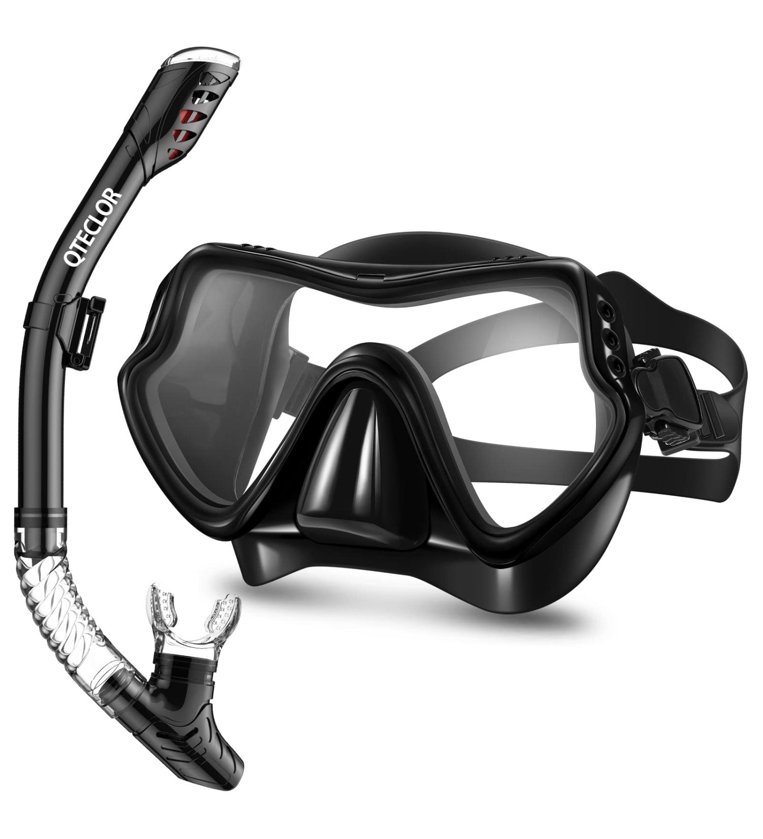 Snorkel Mask Set - Anti-Fog 180 Seaview, Dry Snorkel, Mesh Bag | For Kids & Adults - Scuba Diving, Swimming Training Gear in Black - Buy Online on GoSupps.com