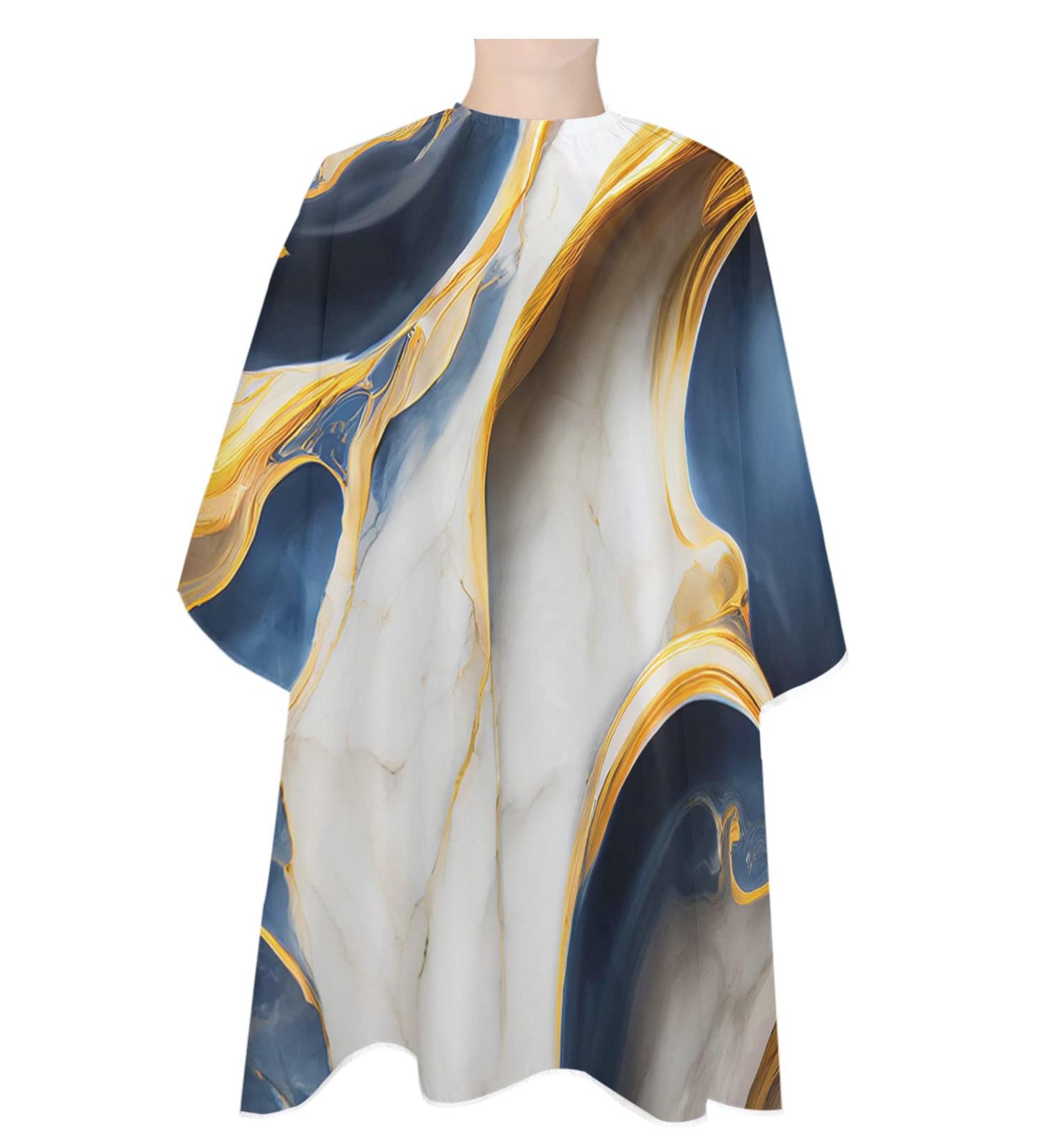 Navy Blue Gold Barber Cape - Stylish Hair Cutting Cape for Women Men & Kids | Modern Marble Design Hairdressing Gown with Elastic Neckline - Buy Online on GoSupps.com