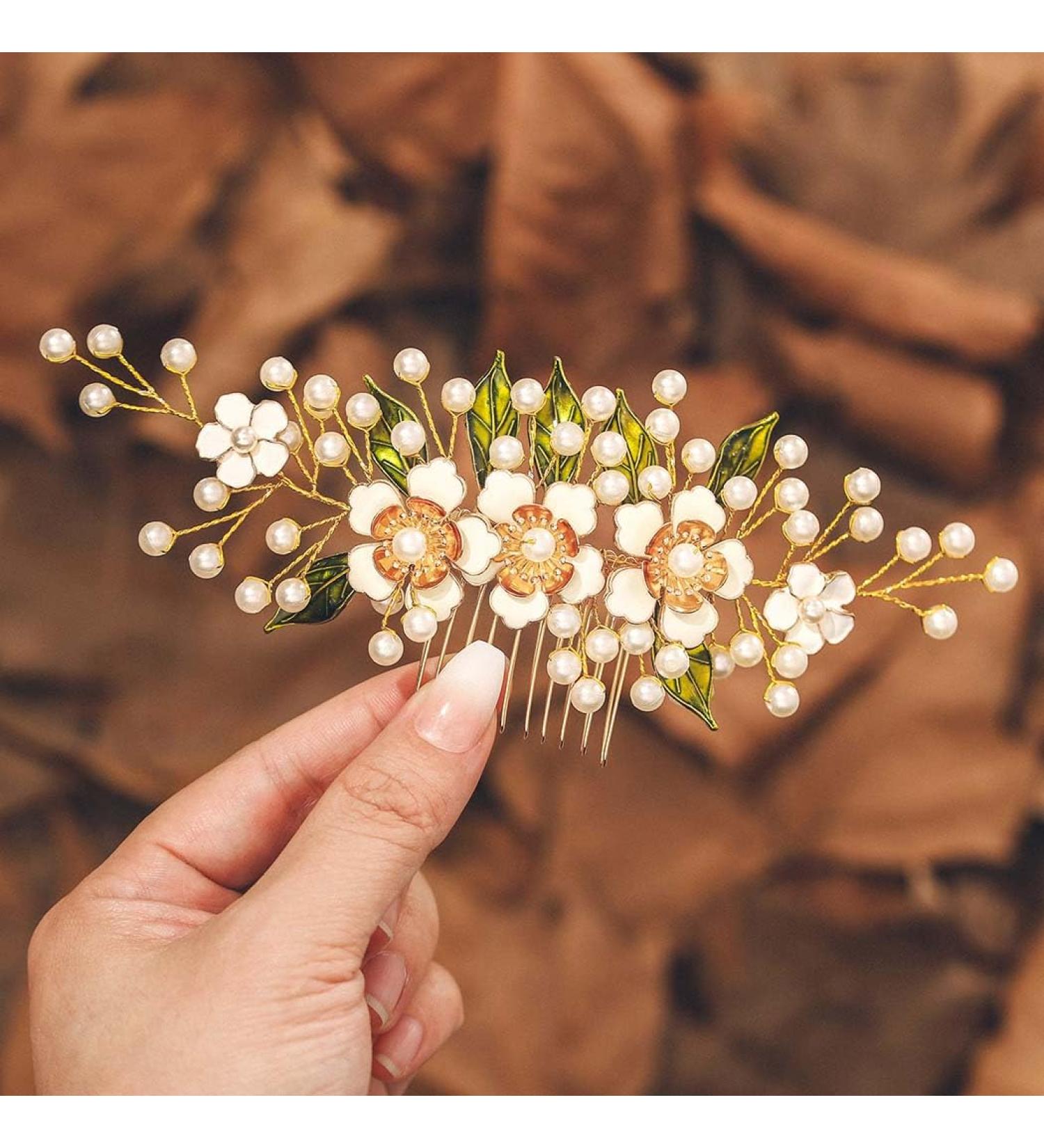 IYOU Bridal Wedding Hair Comb Green Flower Hair Piece Leaf Pearl Headpiece Prom Bride Hair Accessories for Women - Buy Online on GoSupps.com