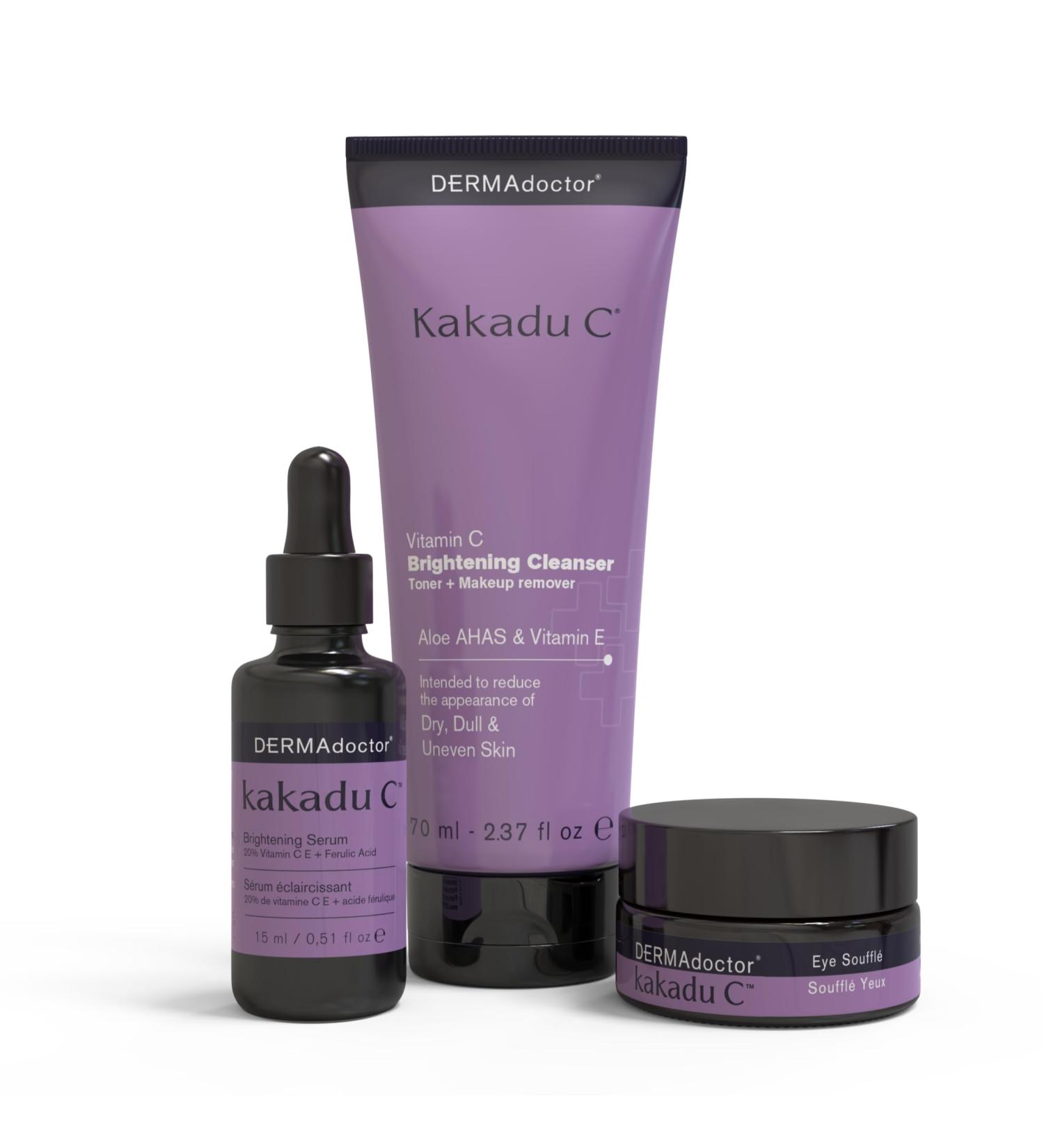 DERMAdoctor 20% Vitamin C Face Serum 0.5 fl oz Cleanser 2.37 fl oz with Caffeine Eye Cream Vitamin E & Ferulic Acid | Kakadu C Anti Aging, Hydrating & Discoloration Correcting Serum Kakadu C Bubdle Pack - Buy Online on GoSupps.com