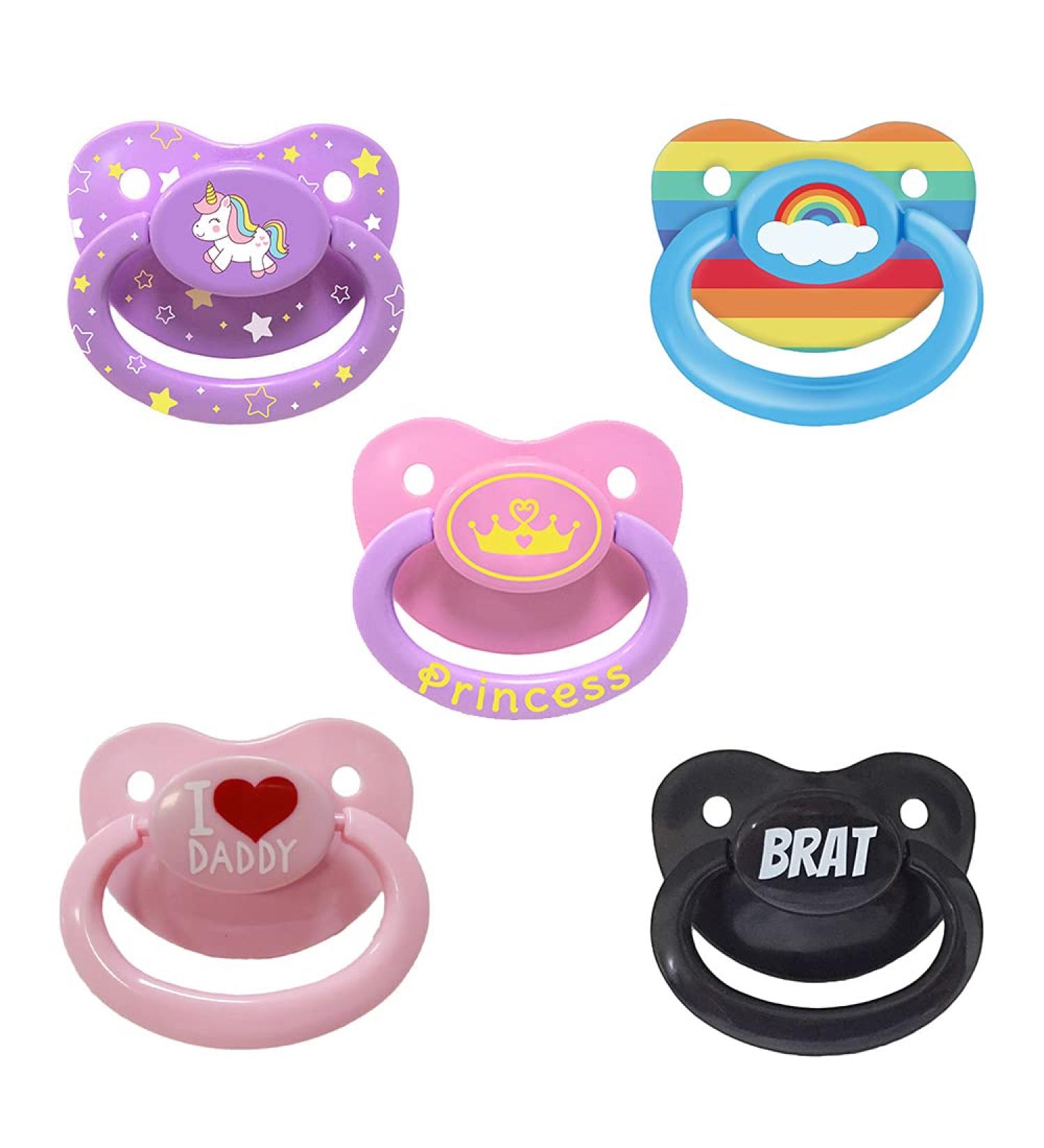 LittleSchude Schnuller in adult size 5-pack for adult babies large handle large shield brave rainbow dad unicorn princess.