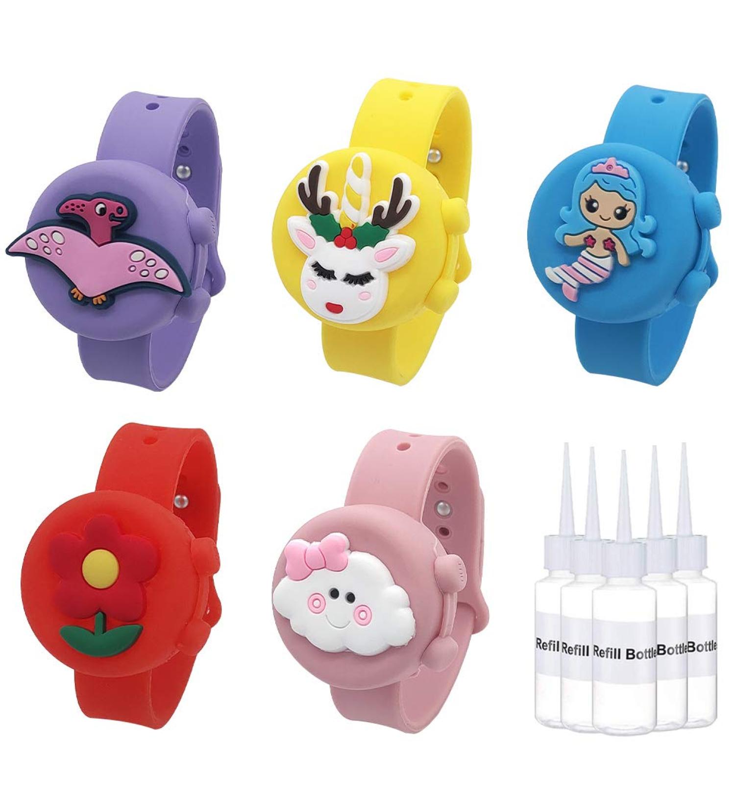 Kids 5 Pack Cartoon Hand Sanitizer Watches (0.5 oz) - Refillable and Leakproof Bracelet Wristband with Squeeze Bottle - Reusable and Clip On for Convenient Use - Buy Online on GoSupps.com