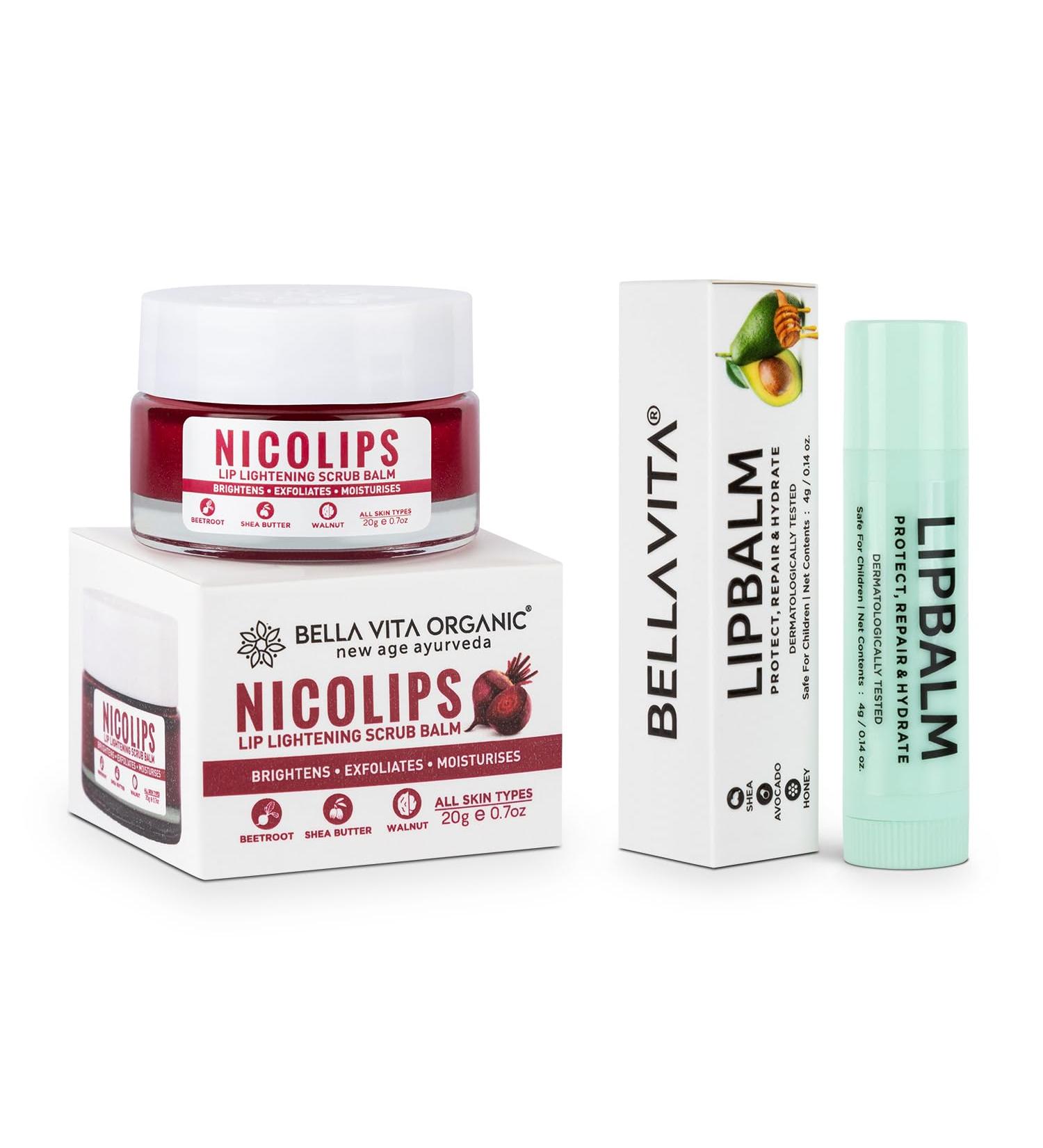 Bella Vita Organic NicoLips Lip Scrub & NicoBalm Combo - Best Treatment for Dry Chapped & Dark Lips (20g & 5g) - International Shipping Available - Buy Online on GoSupps.com