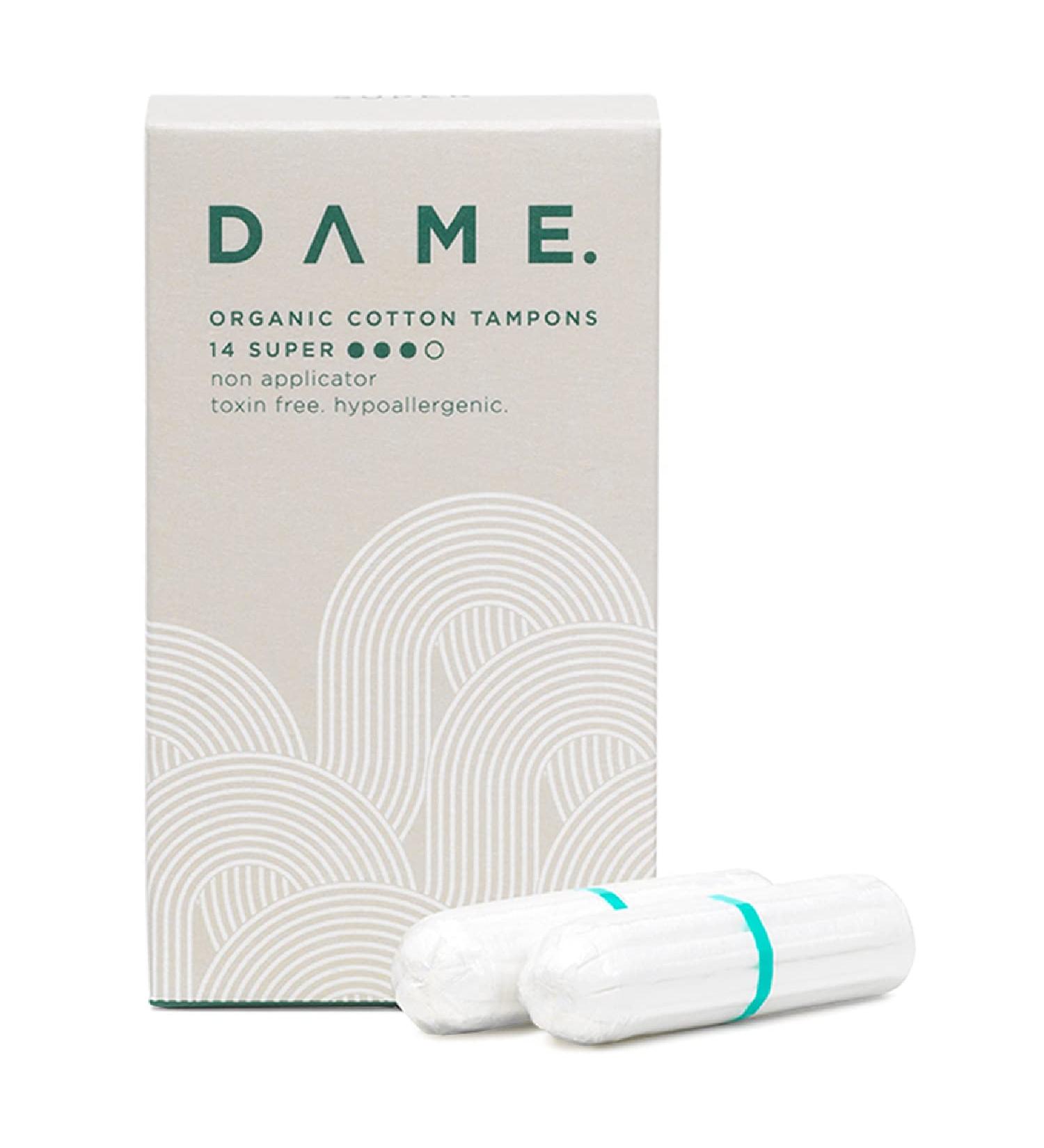 Dame Super Tampons x14 - Hypoallergenic, Plastic-Free, pH Neutral, Toxin-Free, Compostable & Biodegradable - Buy Online on GoSupps.com