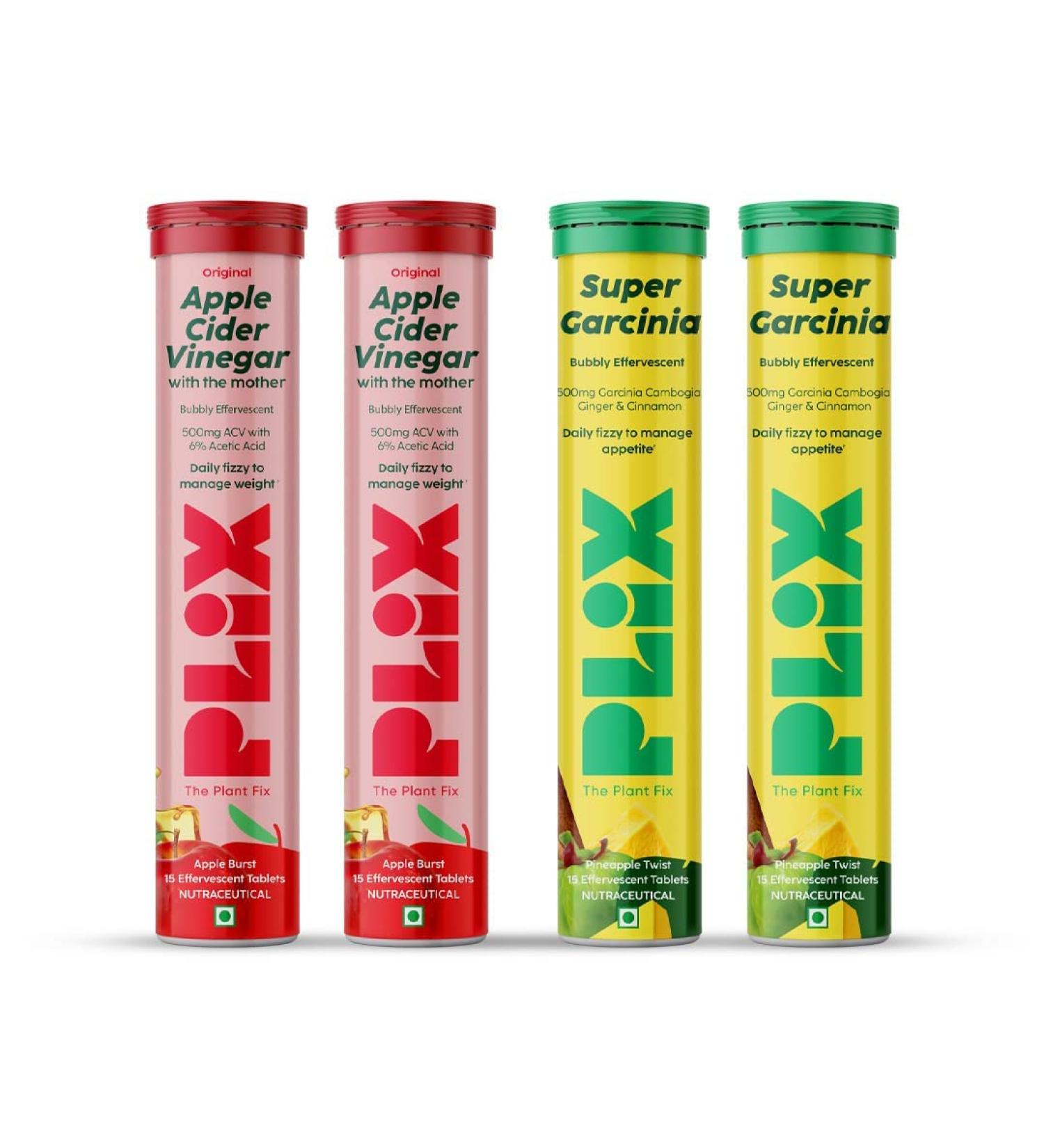 PL'IX - THE PLANT FIX ACV and Garcinia Cambogia Combo For Weight Management I 15 Effervescent Tablets Pack of 4 | Vitamin B6 & B12 Ginger & Cinnamon Extract | Boost Metabolism | For Men & Women - Buy Online on GoSupps.com