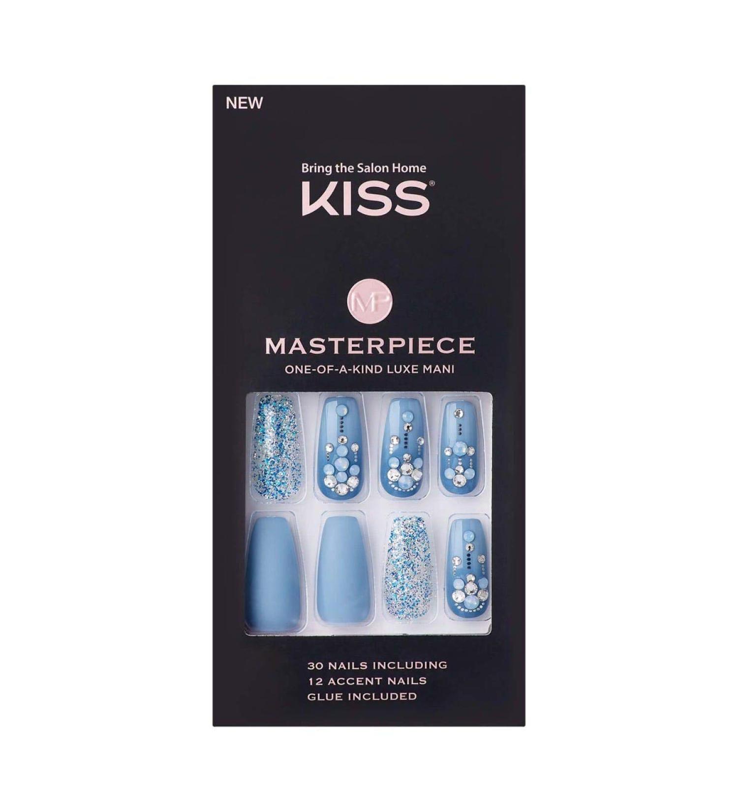 KISS Masterpiece Luxe Mani Long Length Acrylic Fake Nails - Cruise Party Style with Pink Gel Glue - Manicure Kit with 30 False Nails and Accents - Buy Online on GoSupps.com