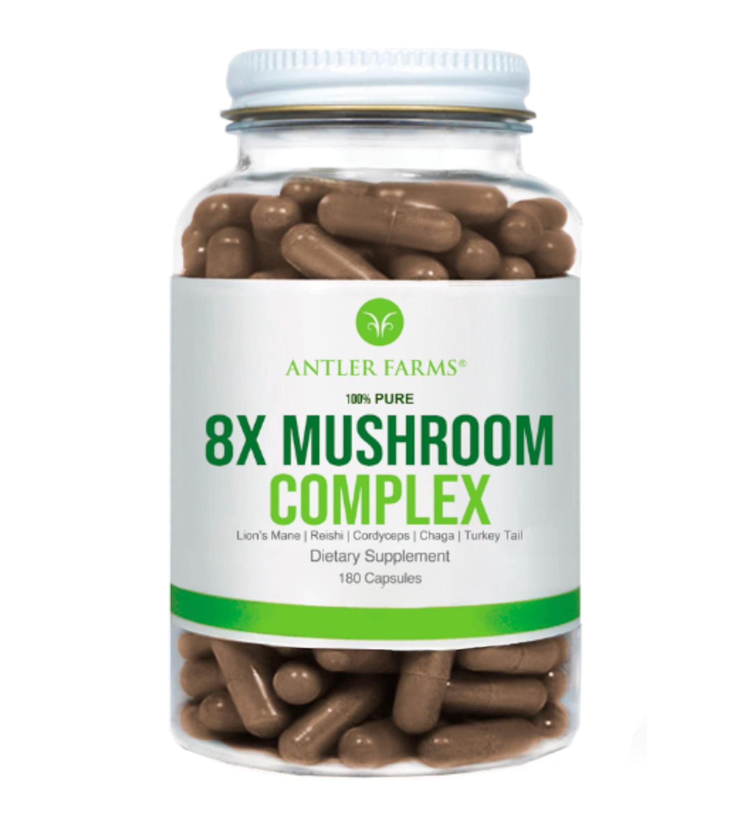 Antler Farms 100% Pure 8X Mushroom Complex - Organic Five Mushroom Blend - Lion's Mane, Reishi, Cordyceps, Chaga, Turkey Tail - Fruiting Bodies Only - Buy Online on GoSupps.com