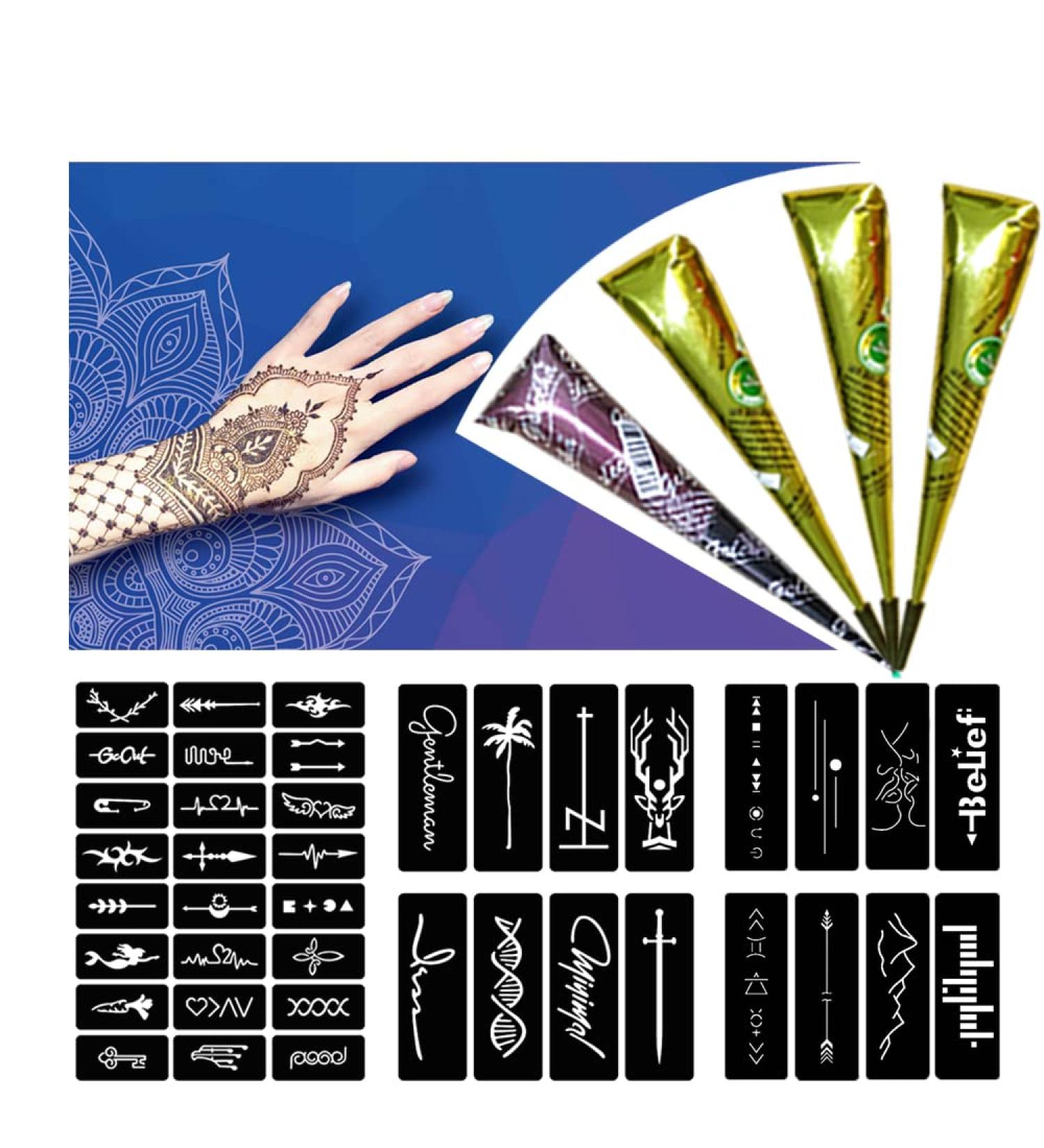 Temporary Tattoo Kit: 4 Pcs with 40 Stencils - Body Art Painting Stickers in Black, Brown, Maroon - Buy Online on GoSupps.com