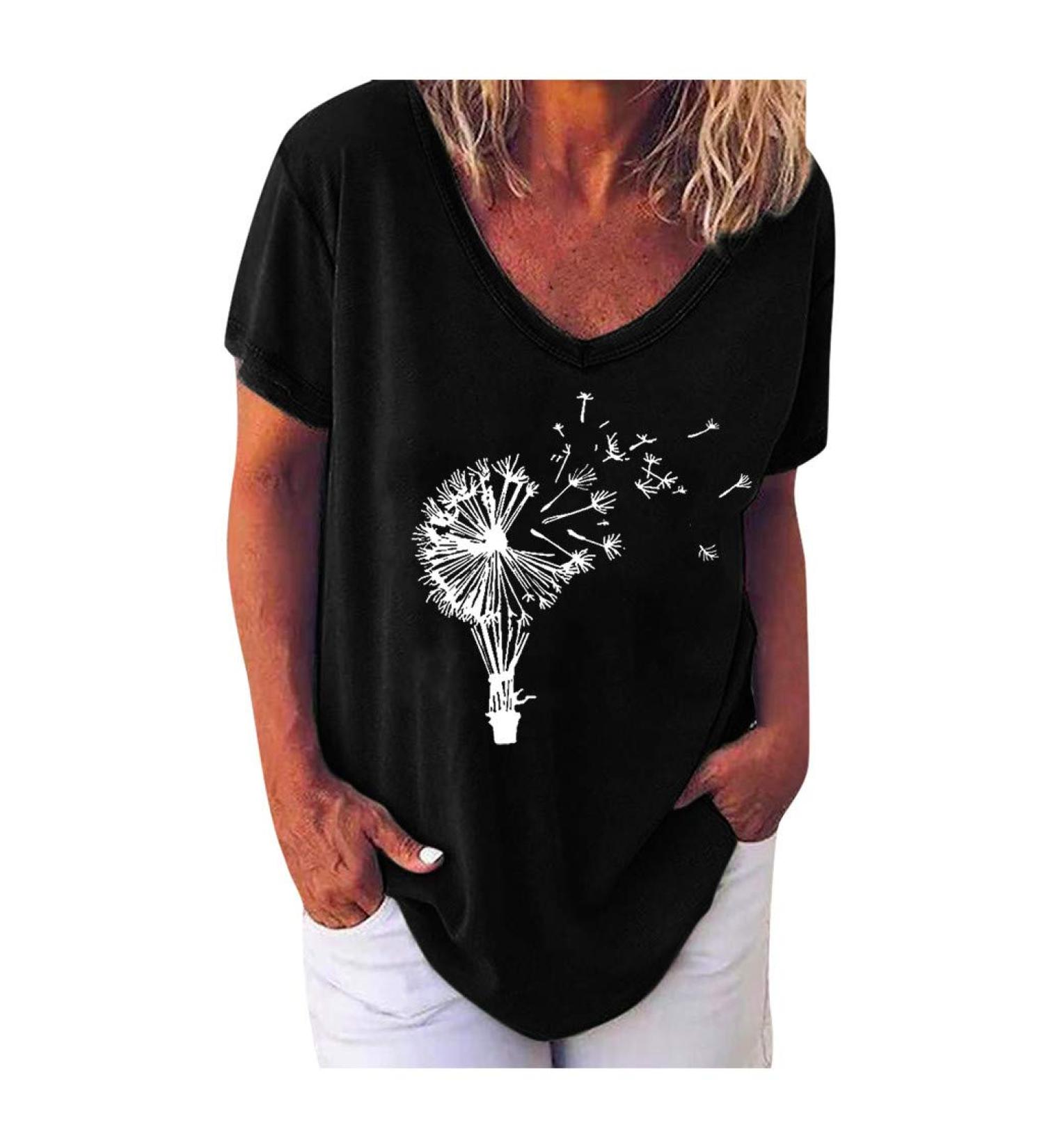 Shop Stylish Women's Ppanguding Summer T-Shirt - Casual Loose Fit Pustblume Printed Black Tops (XL) - Buy Online on GoSupps.com