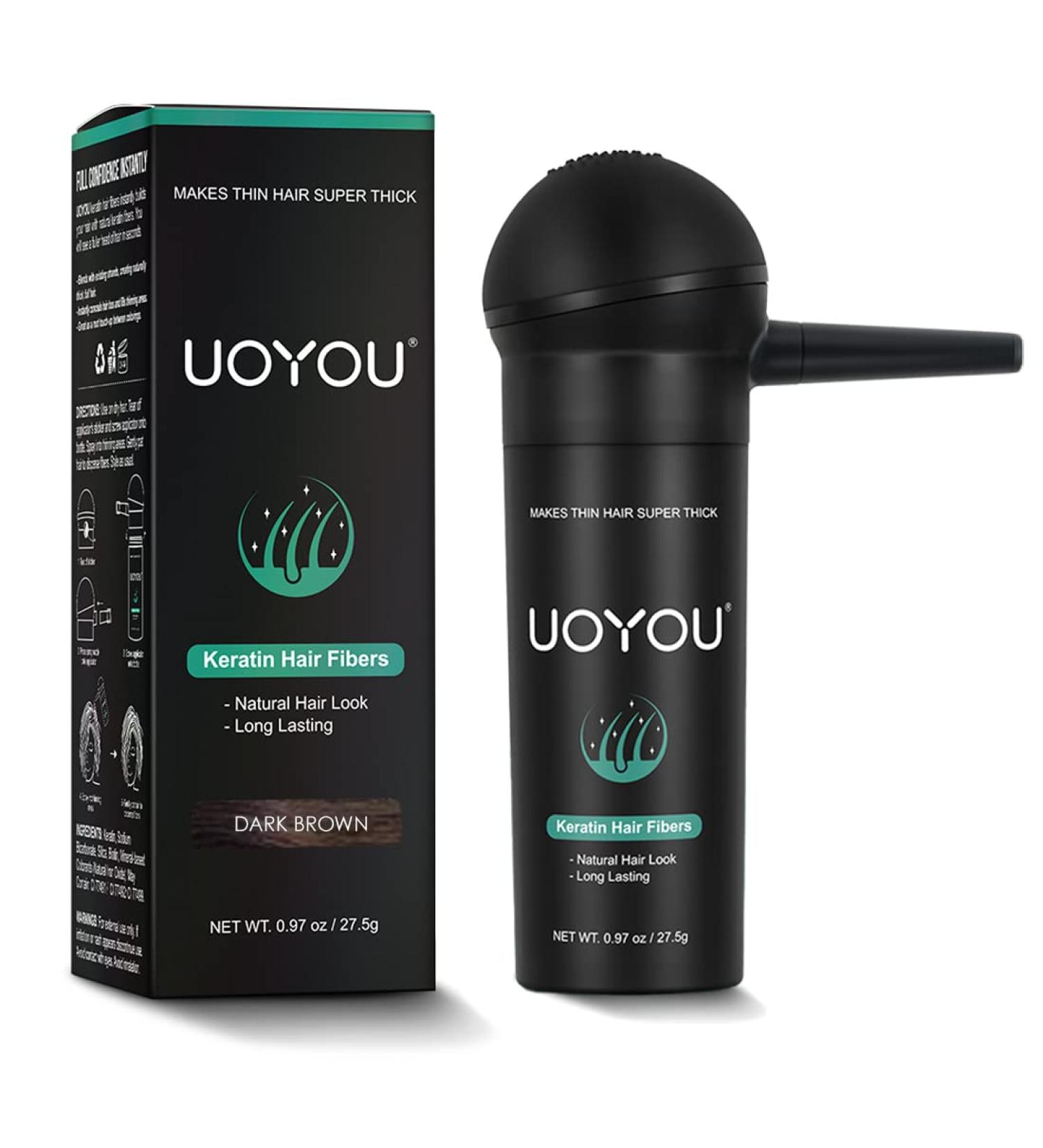 UOYOU Dark Brown Hair Fibres 27.5g Bottle | Natural Keratin Hair Fibers Concealer for Thinning Hair | Hair Loss Solution for Men and Women | Dark Brown Hair Building Fibres Powder 27.50g - Buy Online on GoSupps.com