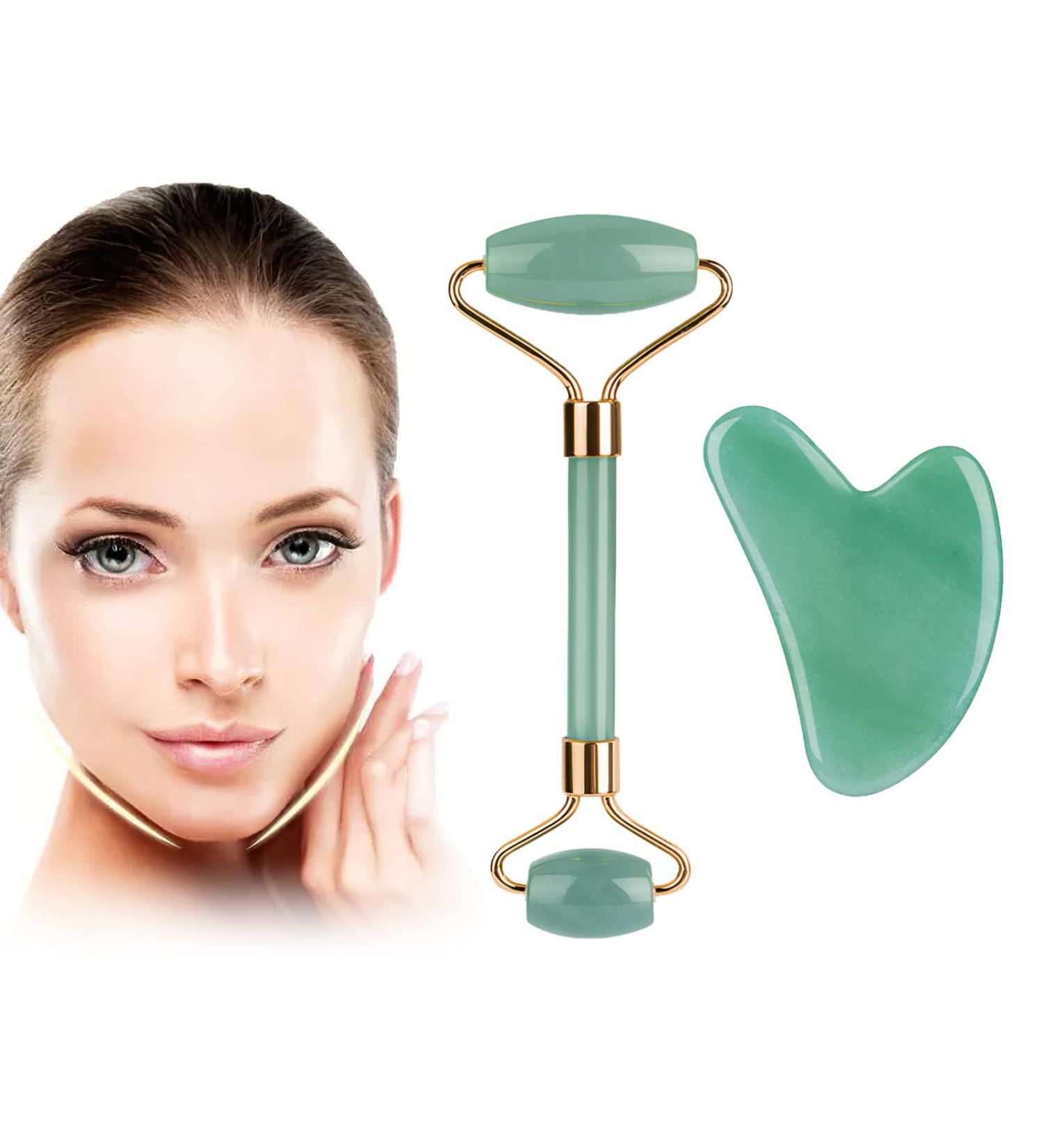 Jade Roller & Gua Sha Set Face Roller Massage Tool for Face Eyes Neck Skin Care Routine Facial Beauty Skincare Massager Tool Gifts for Women Relieve Fine Lines and Wrinkles (Green) Green Rollers set - Buy Online on GoSupps.com