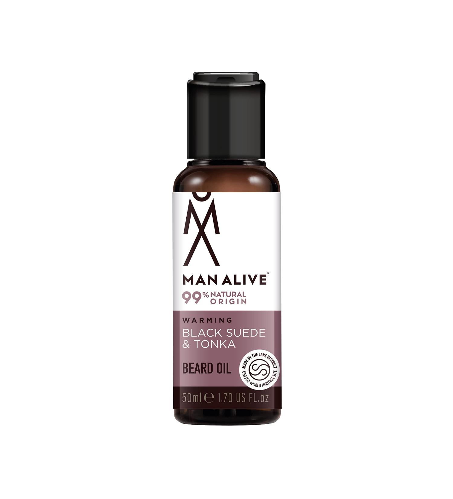 Man Alive Beard Oil for Men - 99% Natural Skincare 50ml with Oatmeal, Argan Oil, Jojoba Oil & Almond Oil - Softens Facial Hair, Ideal Men's Gift - Black Suede & Tonka Scent - Buy Online on GoSupps.com