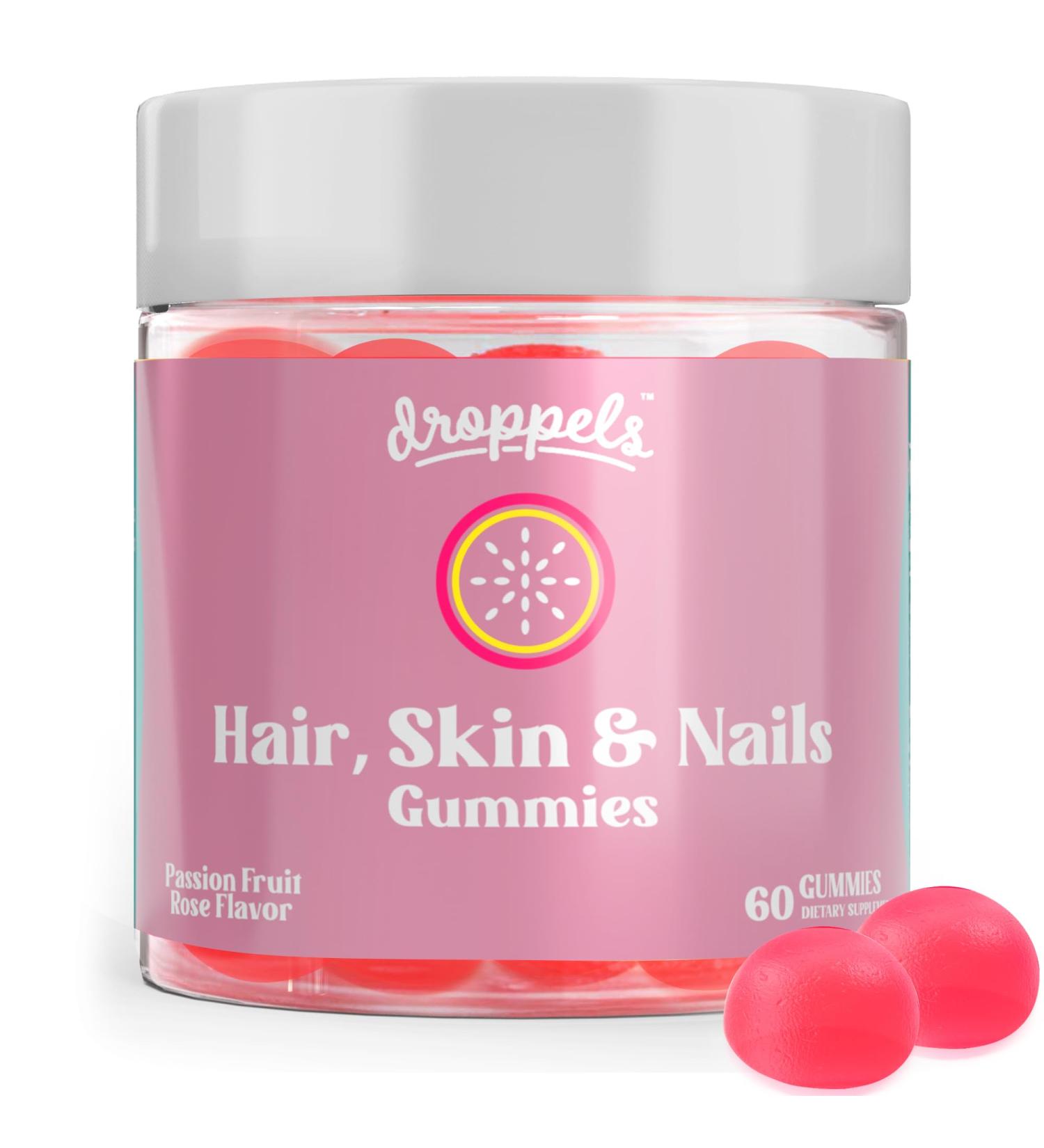 Droppels Hair Skin and Nails multivitamin Gummies with Biotin 10 000mcg Vitamin A C E B6 & B12 | Vegan & Pectin-Based Biotin Gummies Passion Fruit Rose Flavor 60 Count - Buy Online on GoSupps.com