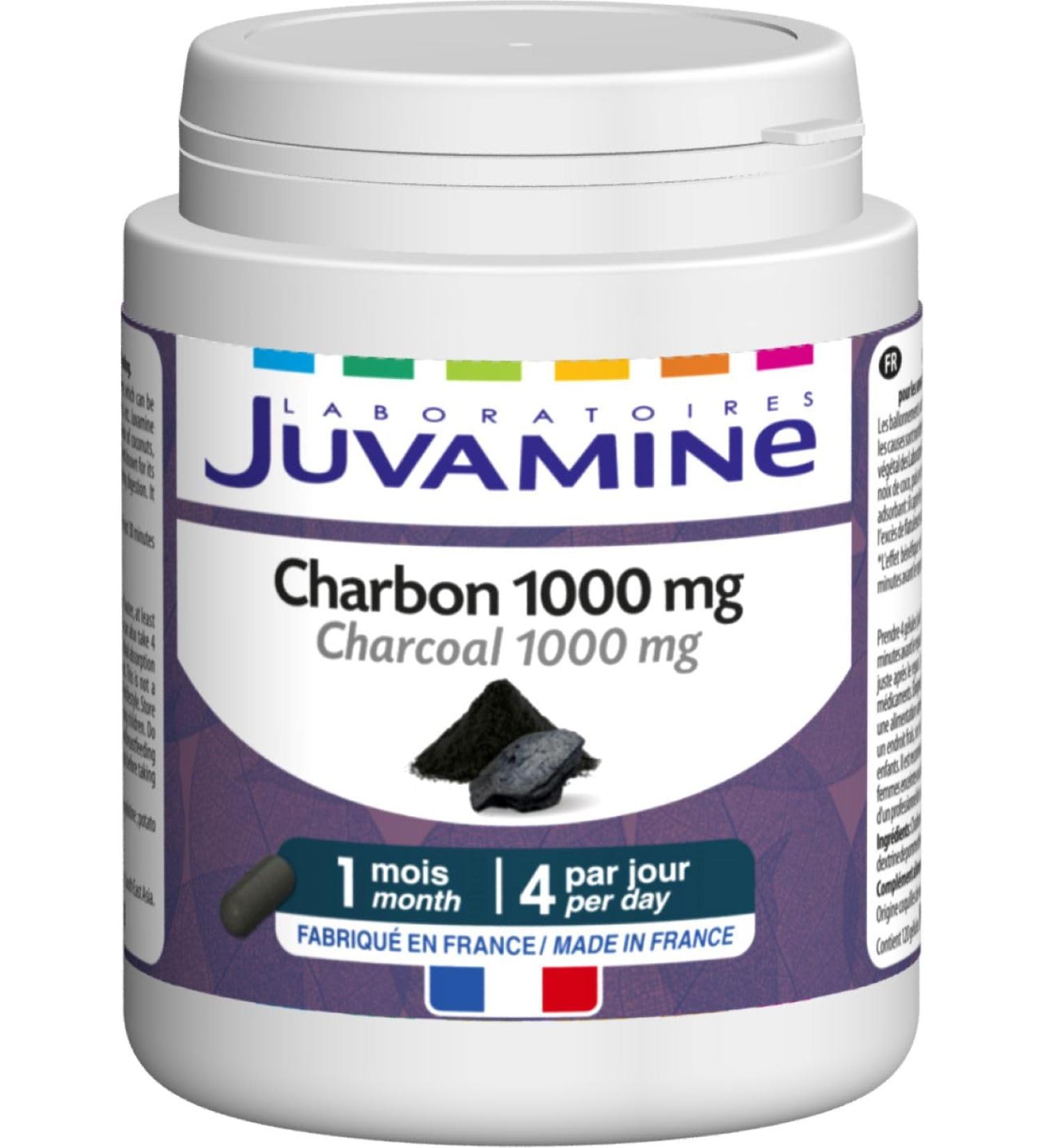 JUVAMINE - Vegetable Charcoal 1000 Mg - Digestion - Bloating - Flatulence - Gas - Helps reduce excess flatulence after a meal - 1 month program - 120 Capsules - Made in France - Buy Online on GoSupps.com