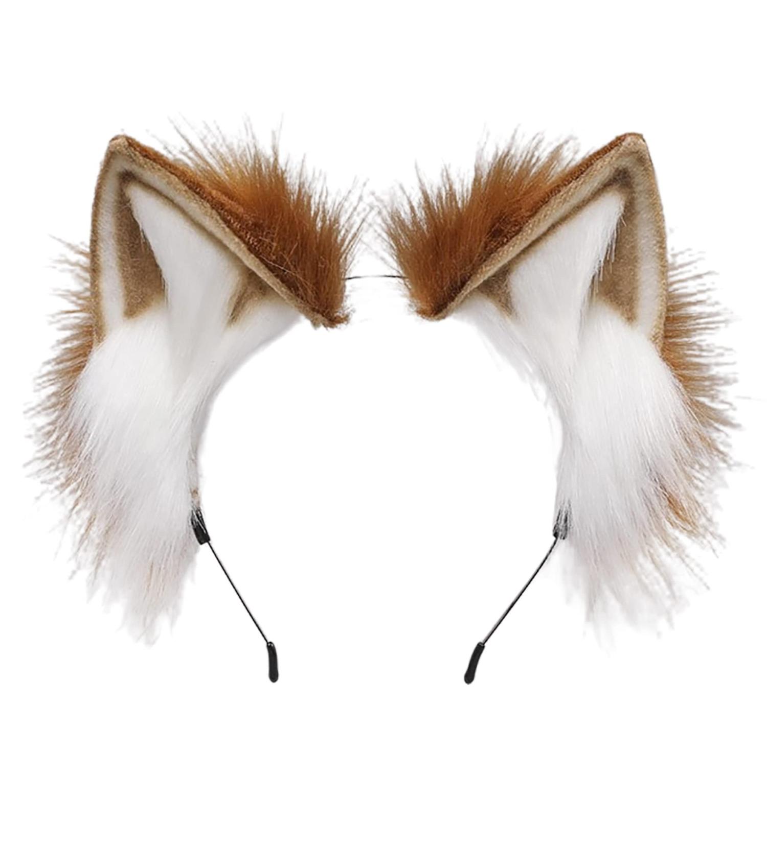 Furry Fox Wolf Cat Ears Headwear | Cosplay Costume Party Accessory for Halloween (Khaki White) - Buy Online on GoSupps.com