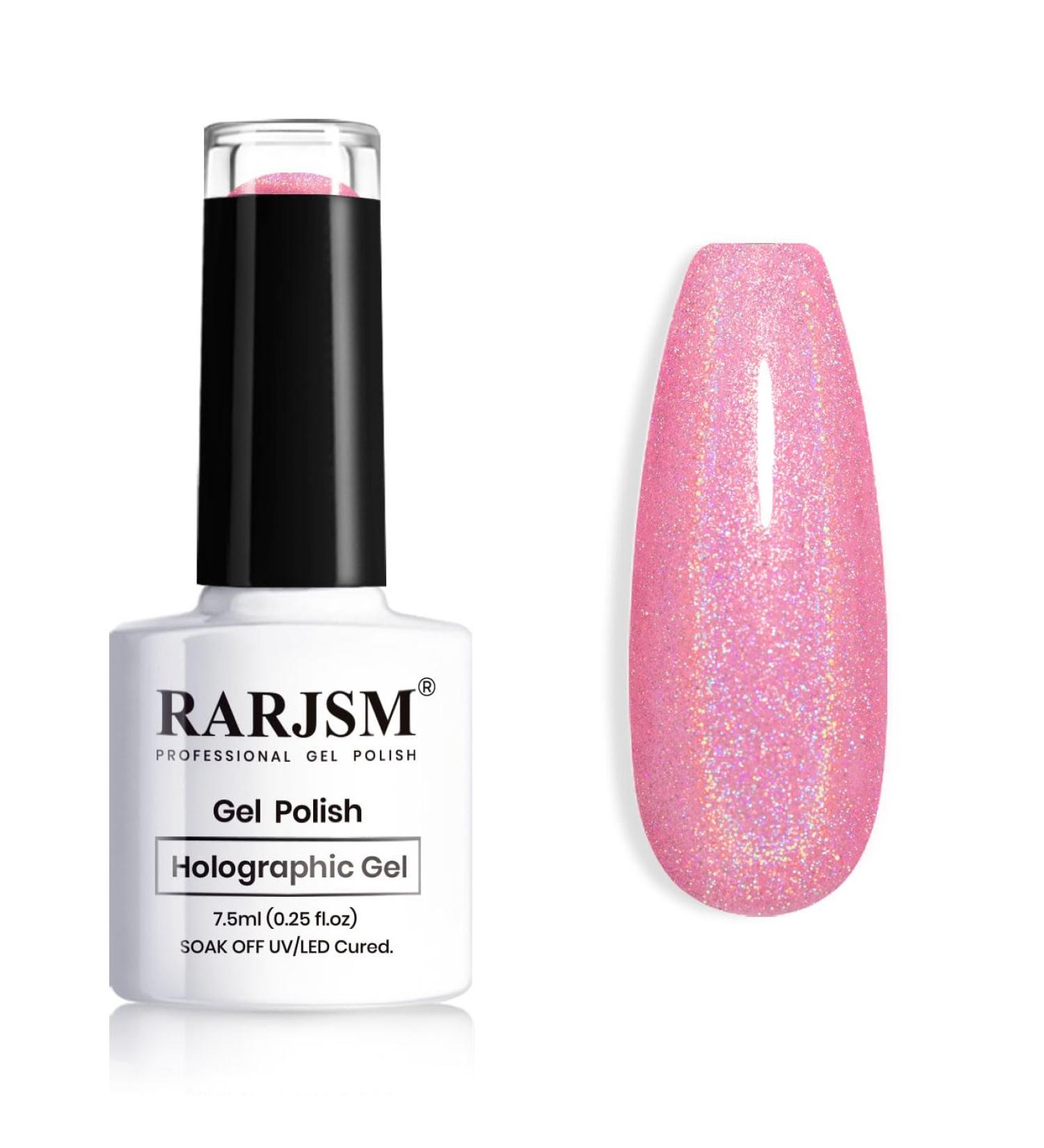 RARJSM Hot Pink Holographic Gel Nail Polish Laser Rainbow Glitter Reflective Iridescent Gel Polish Curing Required Unicorn Mirror Chrome Effect Soak off for Summer DIY Salon Home Manicure 7.5ML - Buy Online on GoSupps.com