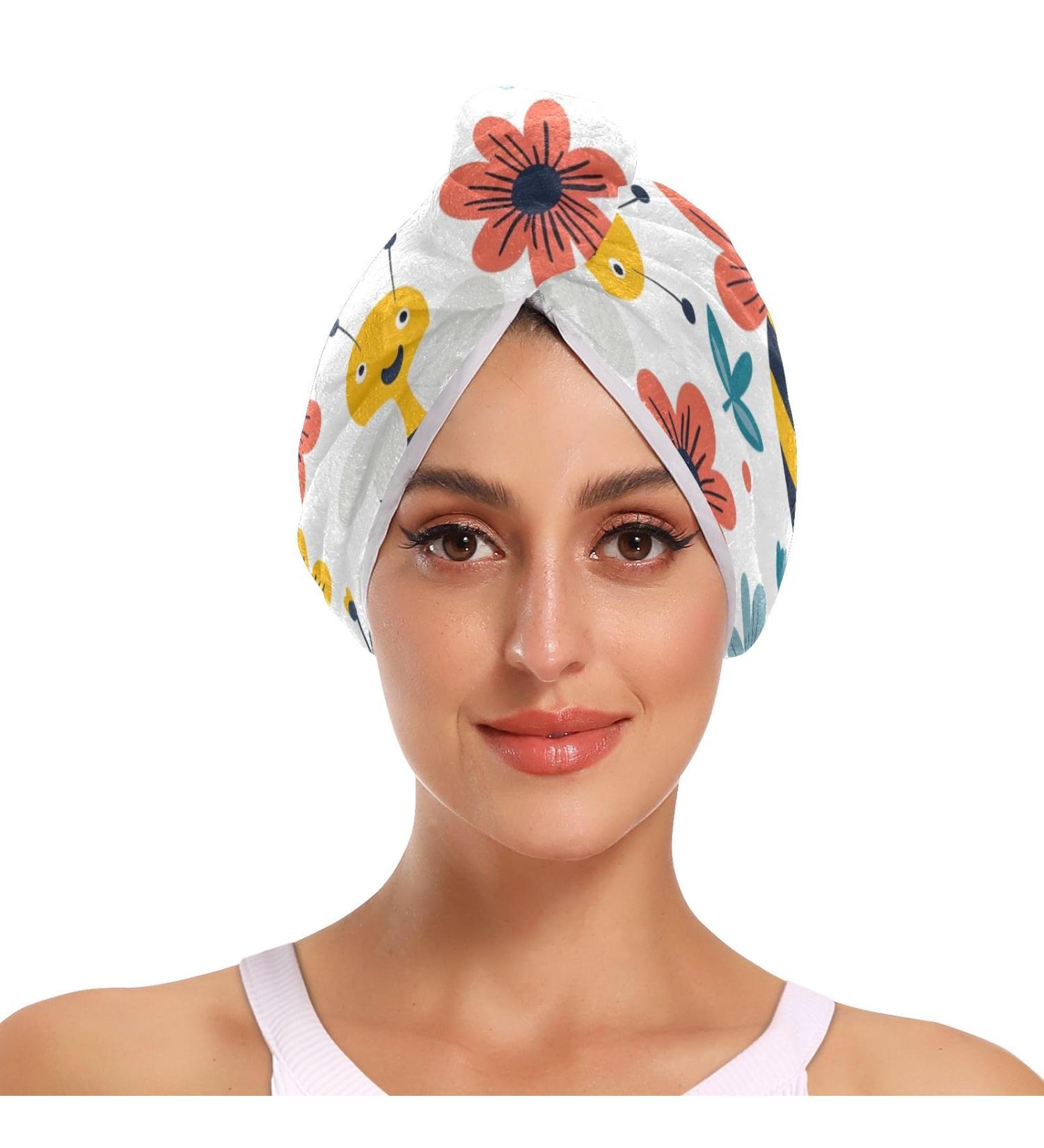 Lovely Bees Flowers Hair Towel 2 Pack - Super Absorbent Quick Dry Turbans for Women & Girls - Buy Online on GoSupps.com