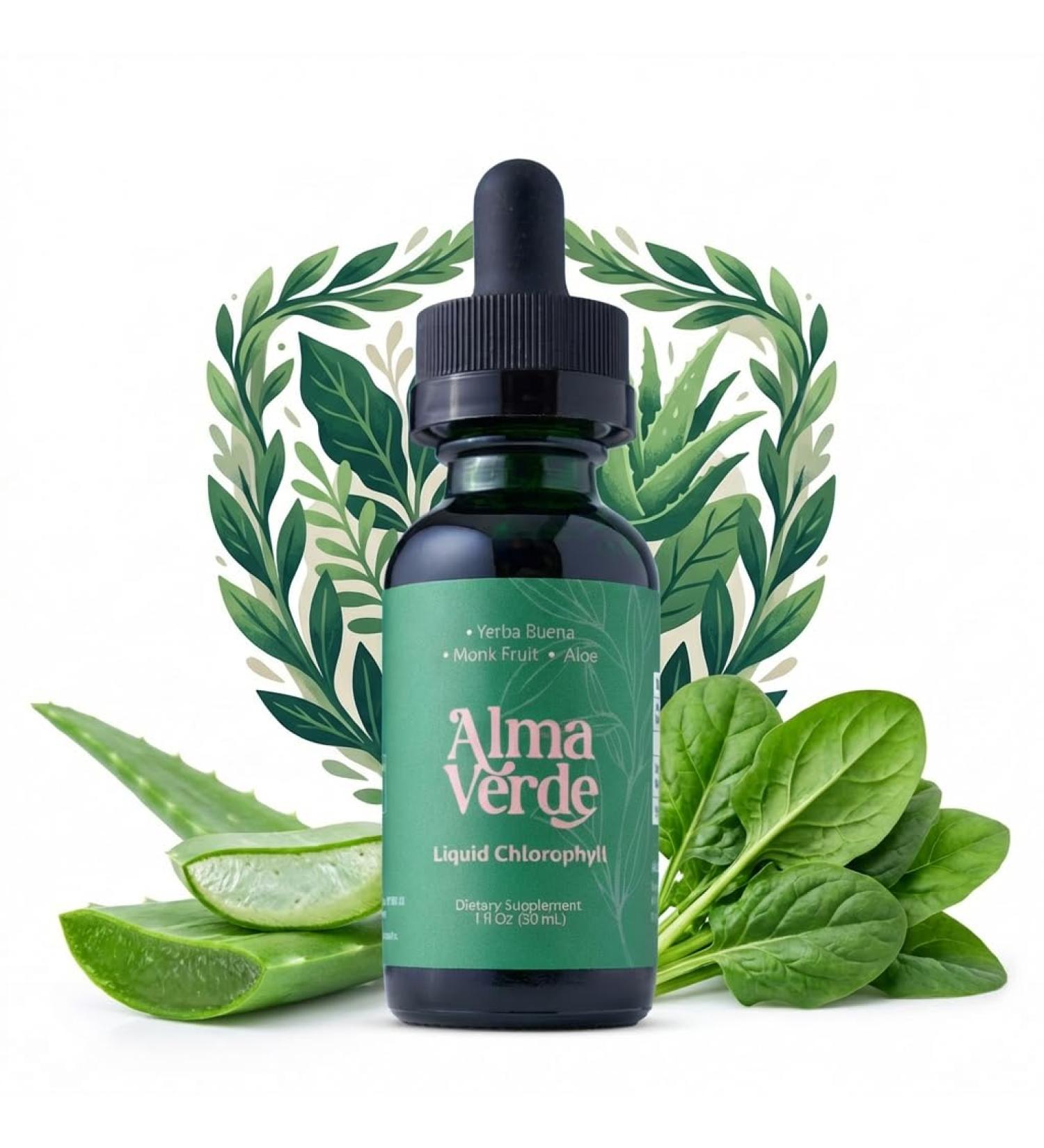 Alma Verde Liquid Chlorophyll Drops - Chlorophyll Water with Aloe Vera Juice for Body Odor Bloating Relief & Gut Health - Natural Deodorant Alternative for Women - Skin Glow & Detox - Vegan - 30ml - Buy Online on GoSupps.com