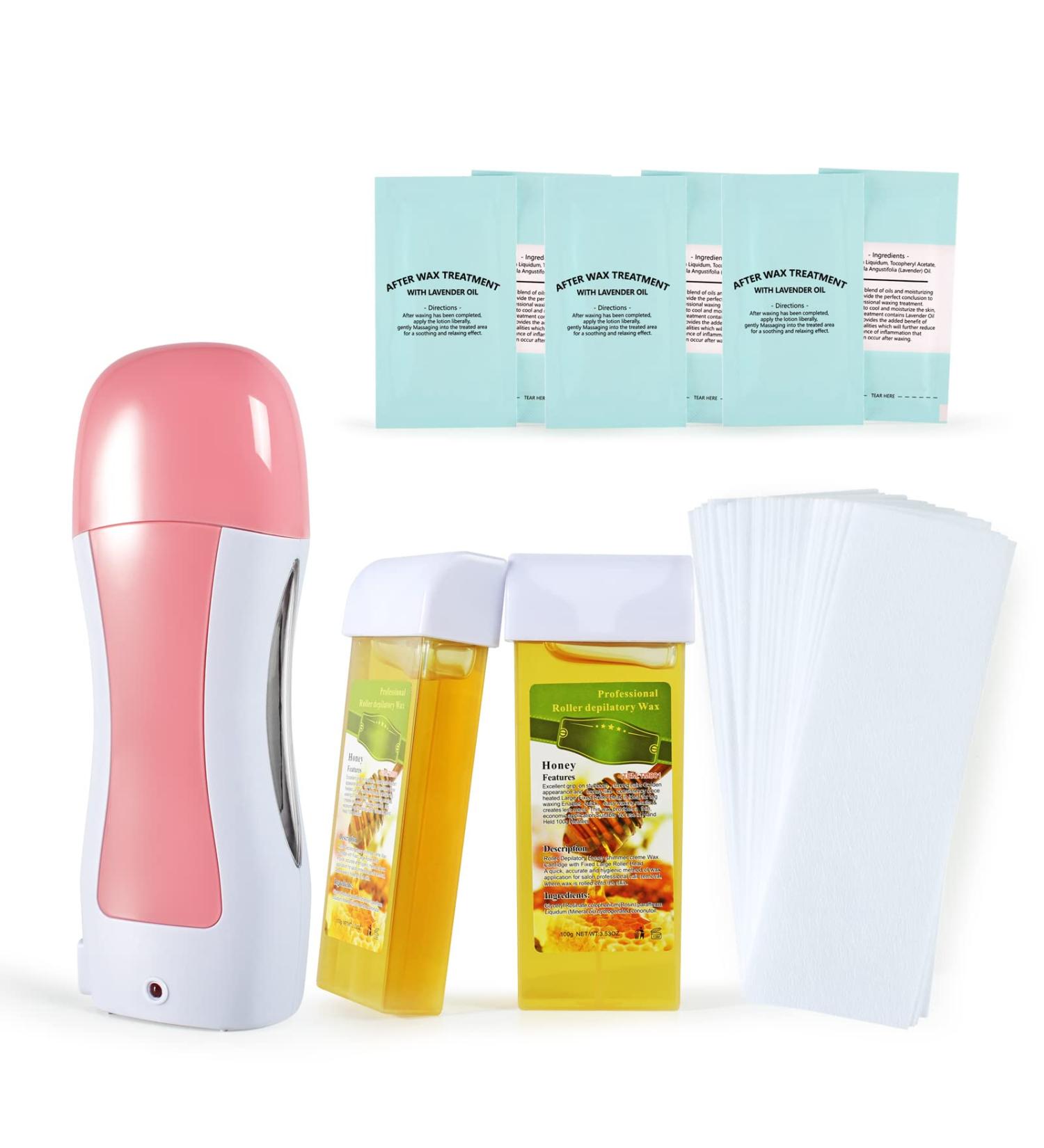Roll-On Wax Hair Removal Kit with Honey Soft Wax Cartridges & Non-Woven Strips - Portable Pink Wax Heater for Women & Men - Depilatory Waxing Roller Set - Buy Online on GoSupps.com