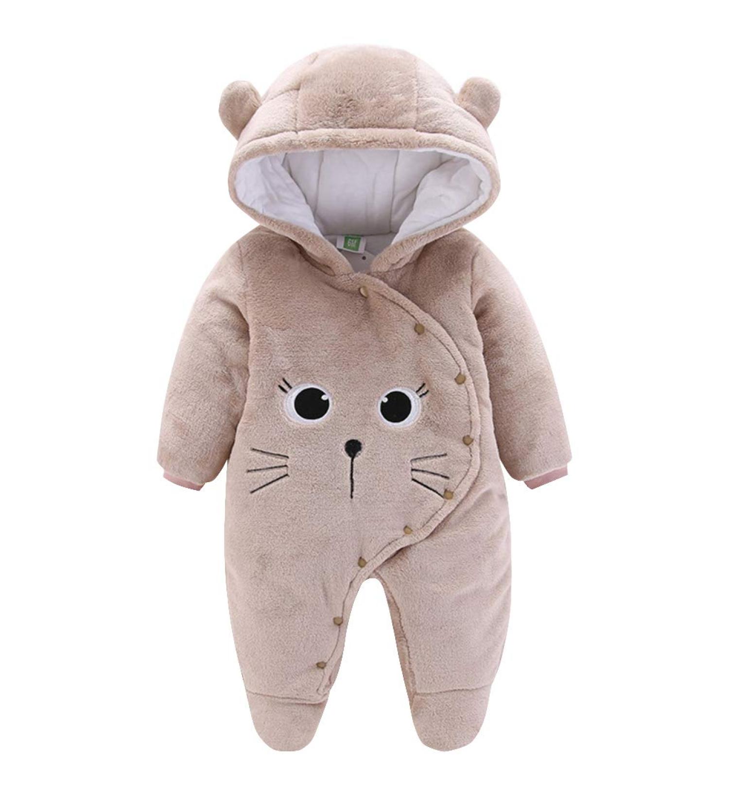 JiAmy Newborn Baby Winter Hooded Romper Fleece Snowsuit Jumpsuit | Cartoon Cat Outfit 0-12 Months | 0-3 Months Brown - Buy Online on GoSupps.com