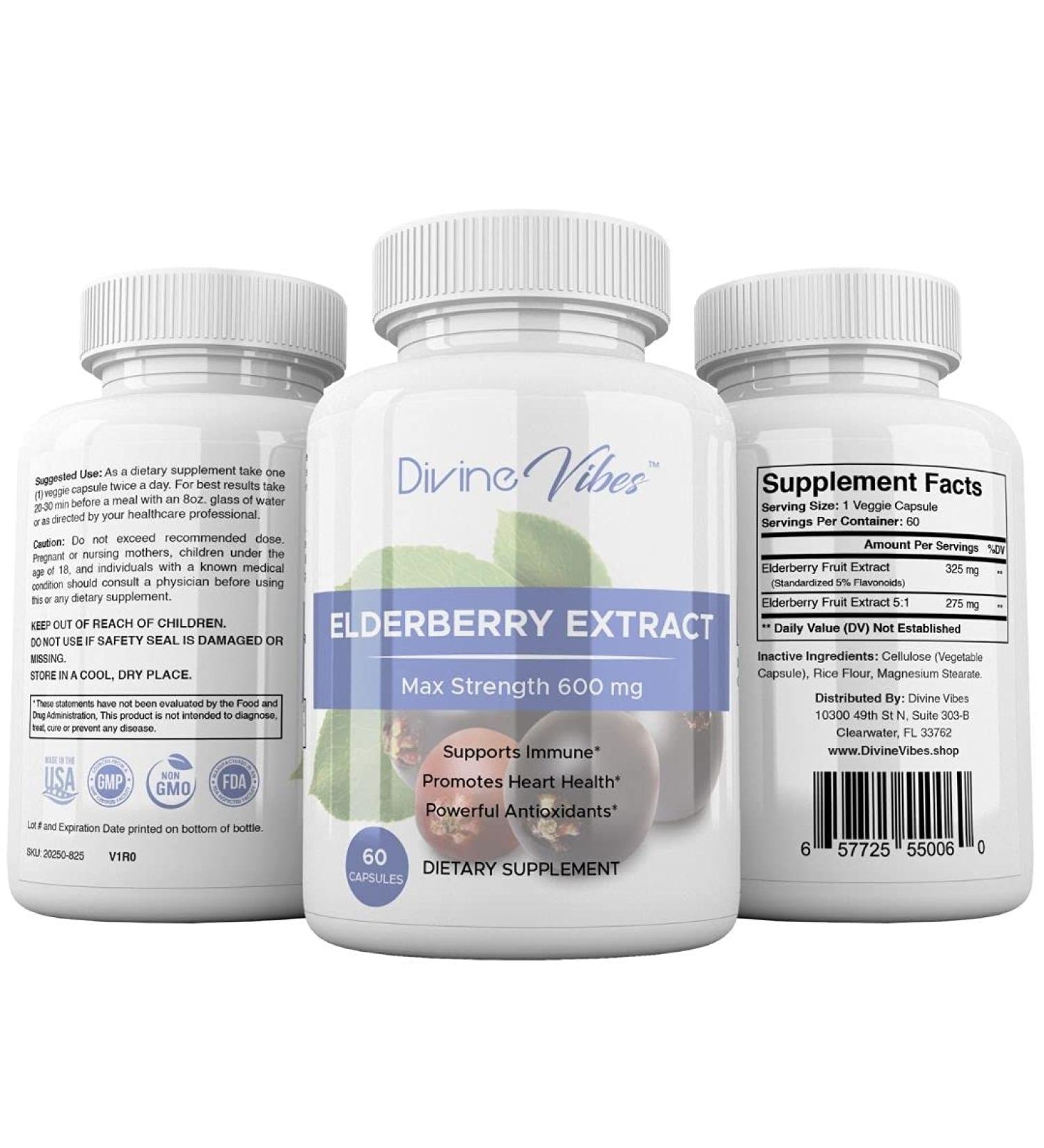 Divine Vibes Black Elderberry Capsules Max Strength | 60 Count | Super Concentrated Sambucus Extract | Non-GMO Gluten Free - Buy Online on GoSupps.com